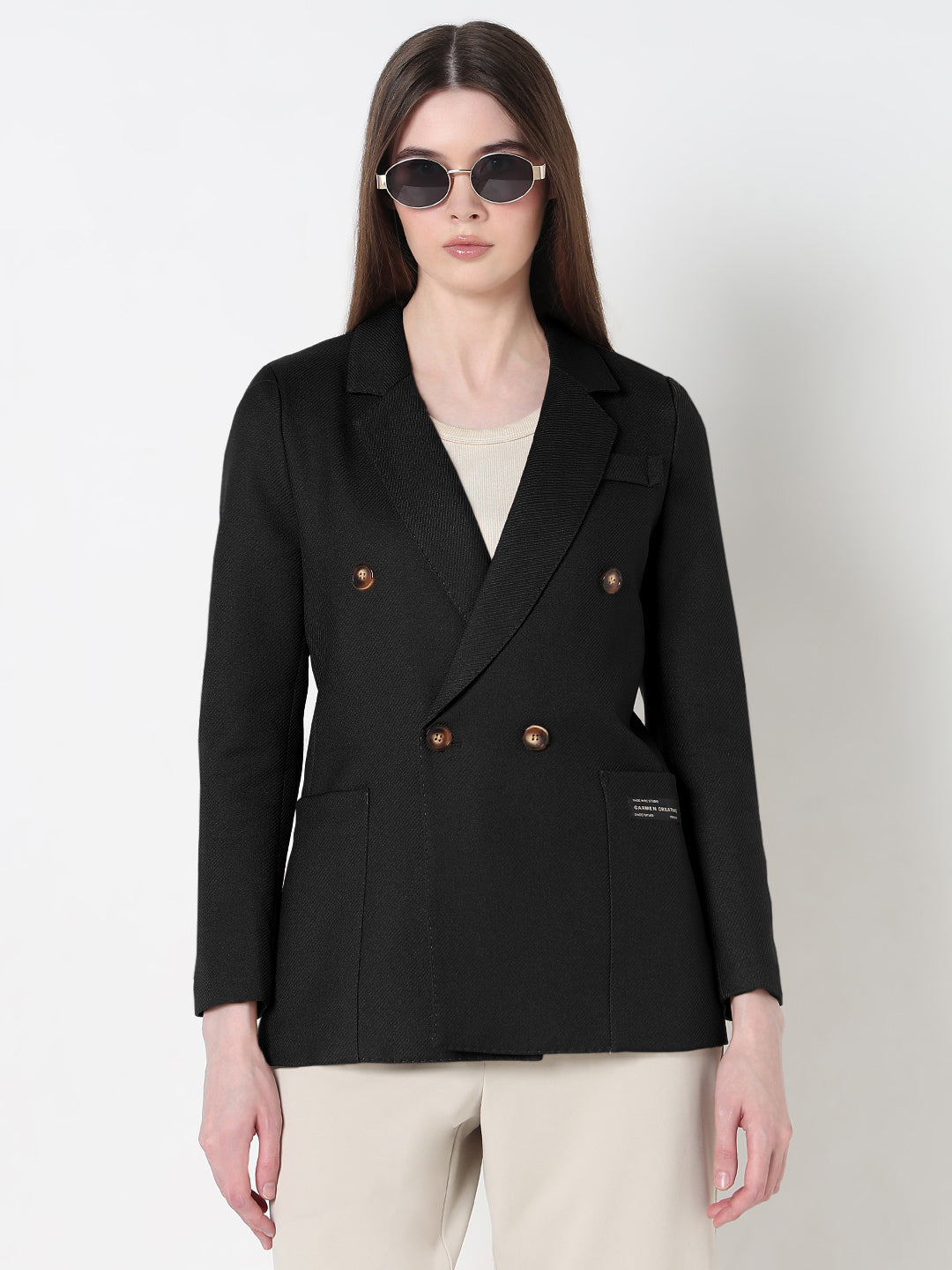 Women's Black Tailores Double Breasted Textured Blazer