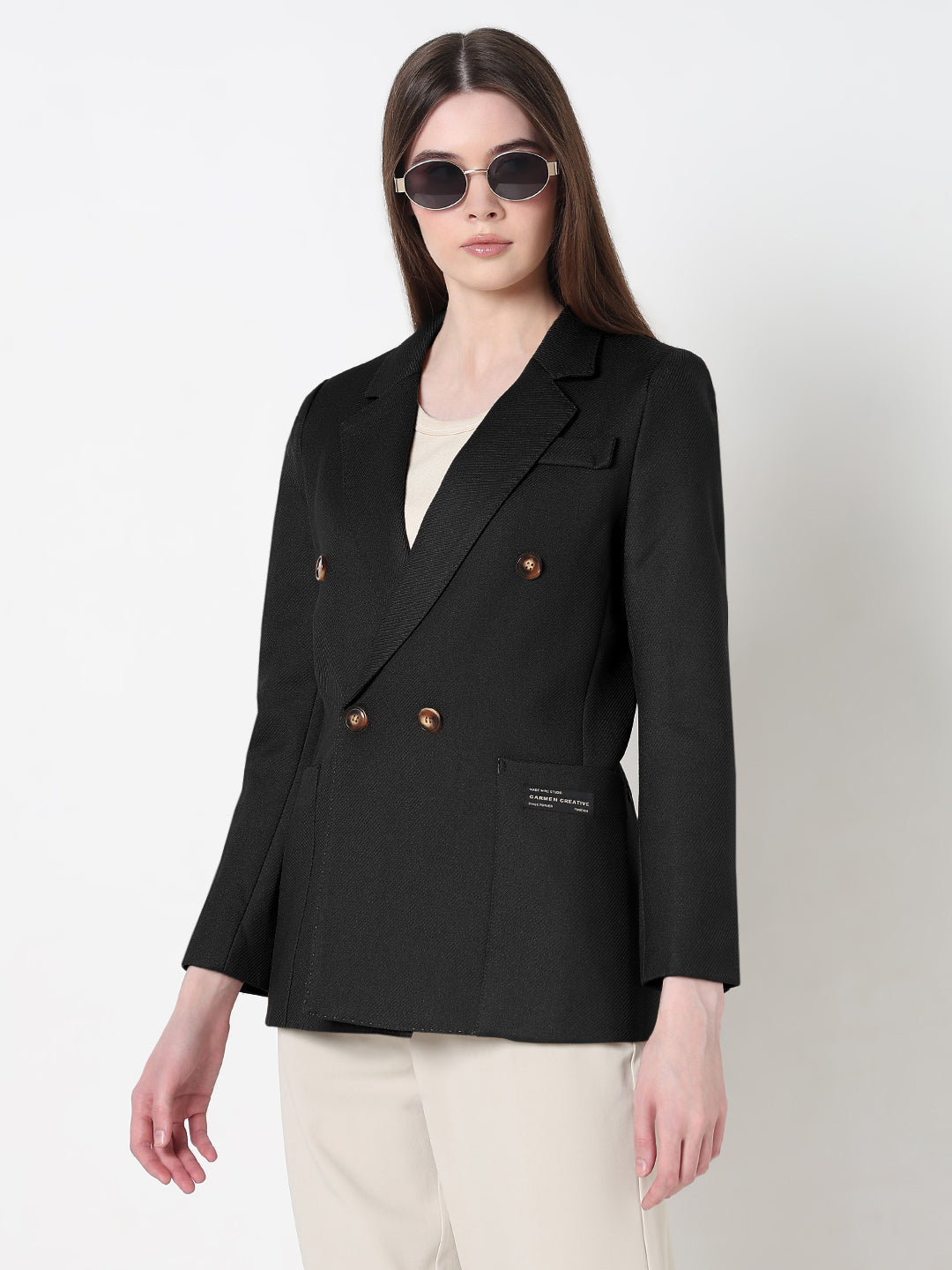 Women's Black Tailores Double Breasted Textured Blazer