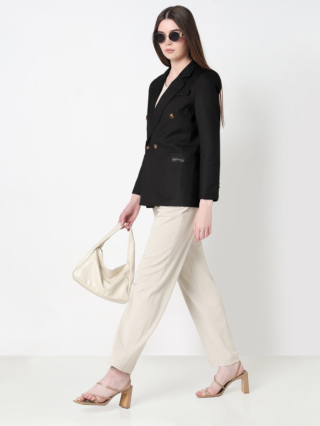 Women's Black Tailores Double Breasted Textured Blazer