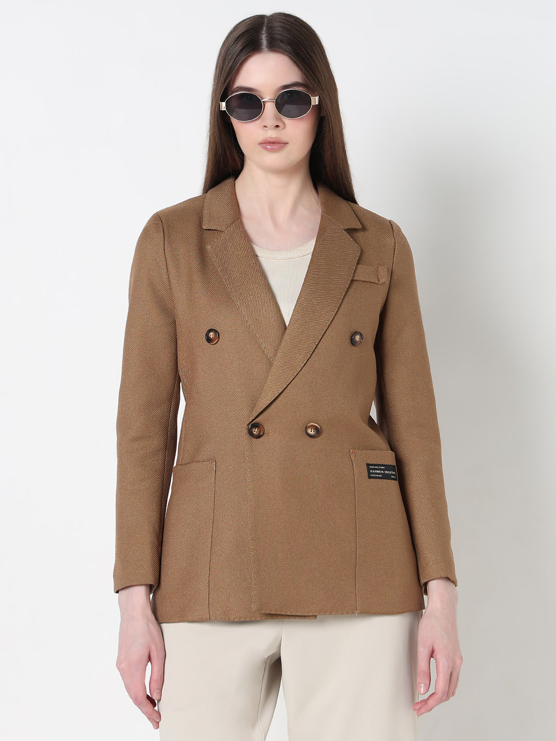 Women's Camel Tailored Double Breasted Textured Blazer