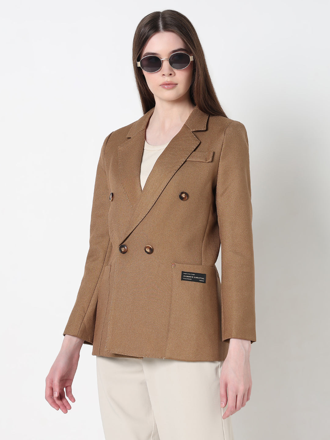 Women's Camel Tailored Double Breasted Textured Blazer