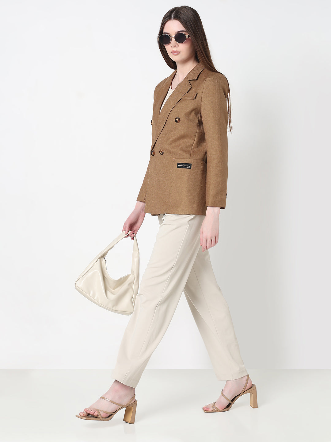 Women's Camel Tailored Double Breasted Textured Blazer