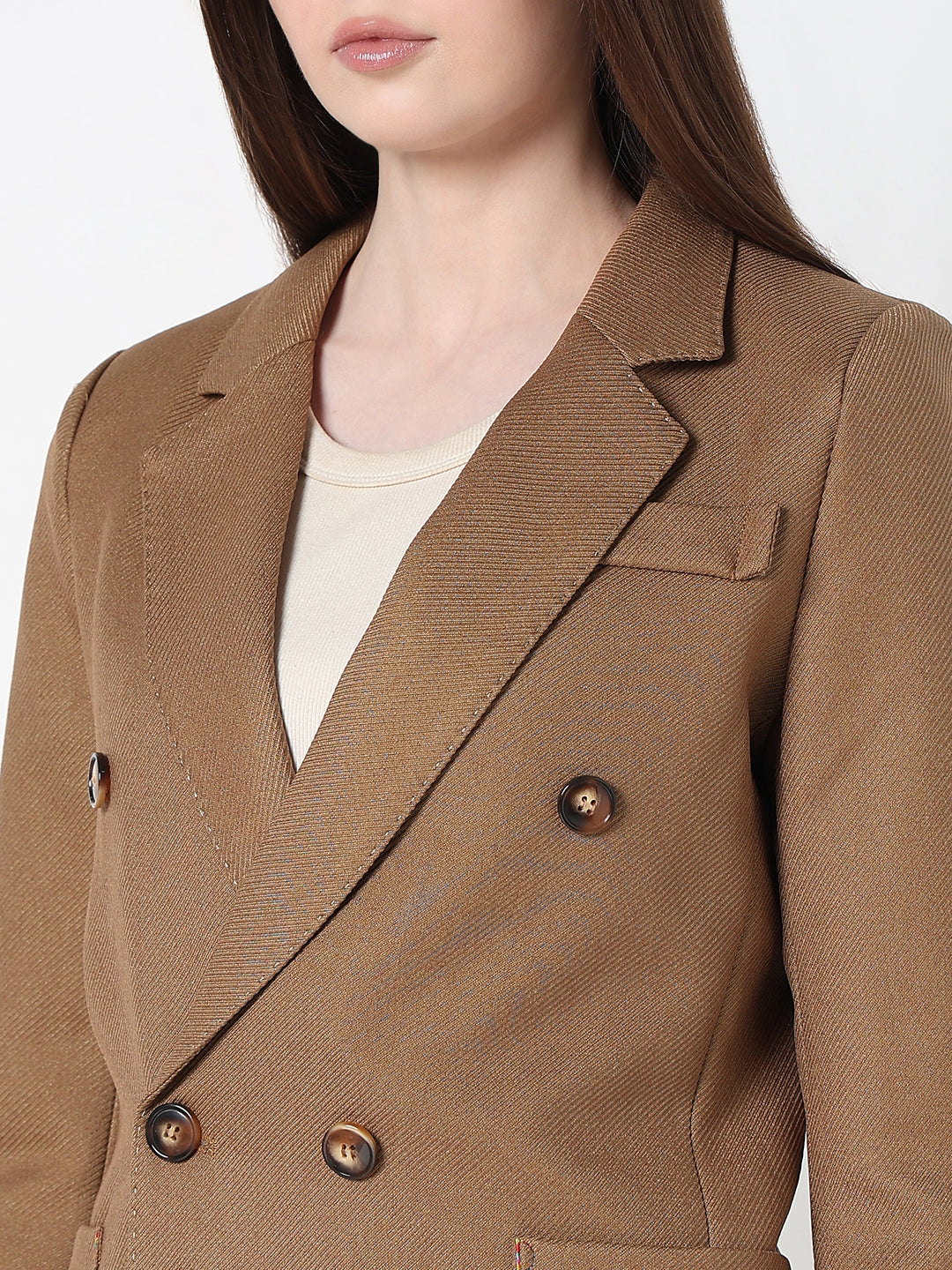 Women's Camel Tailored Double Breasted Textured Blazer