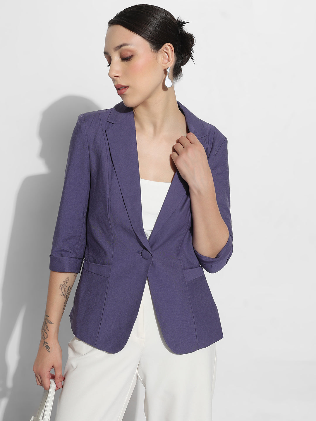 Women's Purple Single Breasted Blazer with Three-Quarters Sleeve