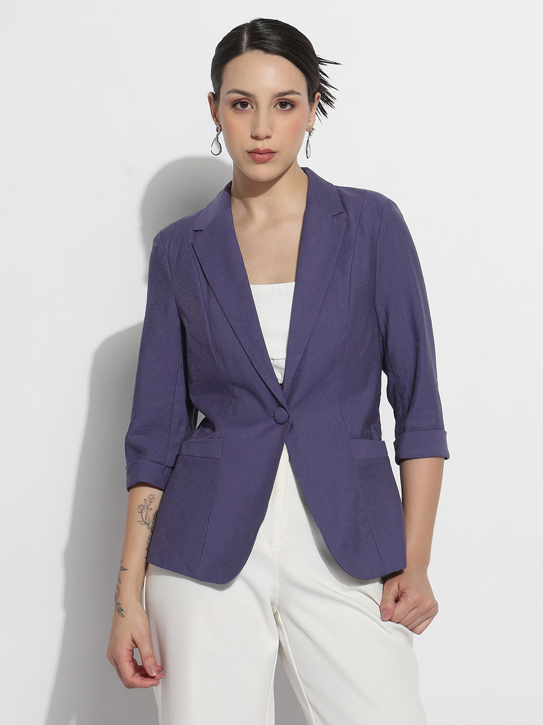 Women's Purple Single Breasted Blazer with Three-Quarters Sleeve