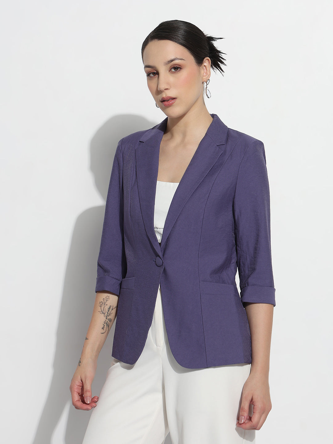Women's Purple Single Breasted Blazer with Three-Quarters Sleeve