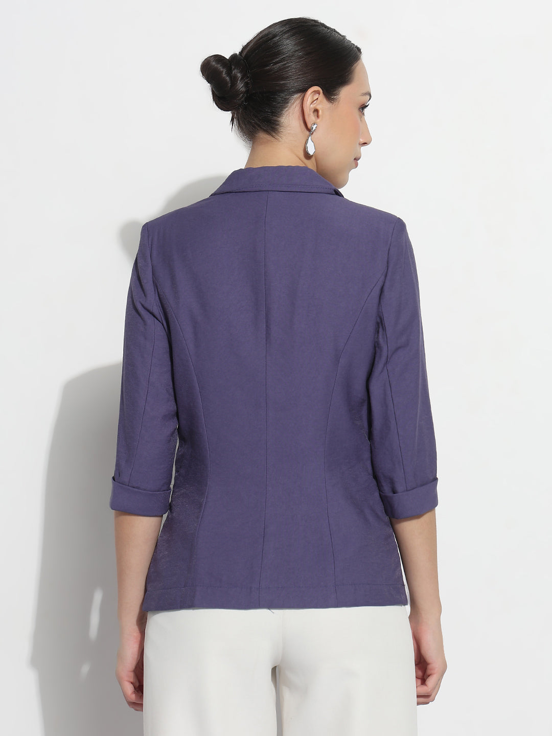 Women's Purple Single Breasted Blazer with Three-Quarters Sleeve