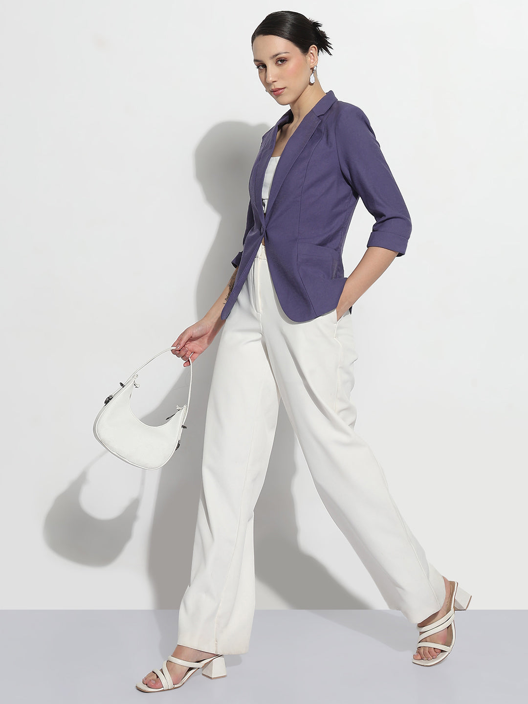 Women's Purple Single Breasted Blazer with Three-Quarters Sleeve