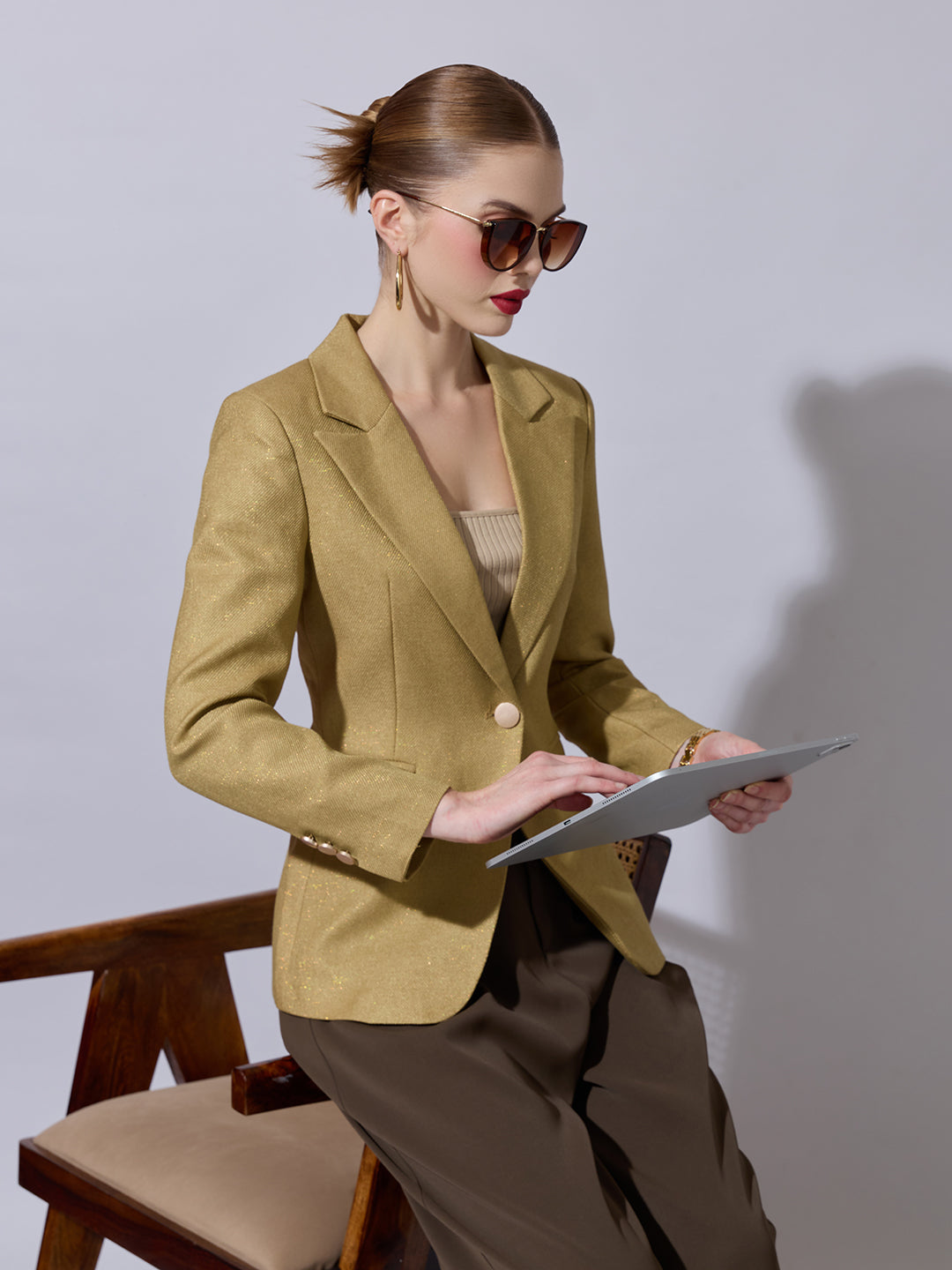 Women's Gold Single Breasted Blazer with Peak Lapel