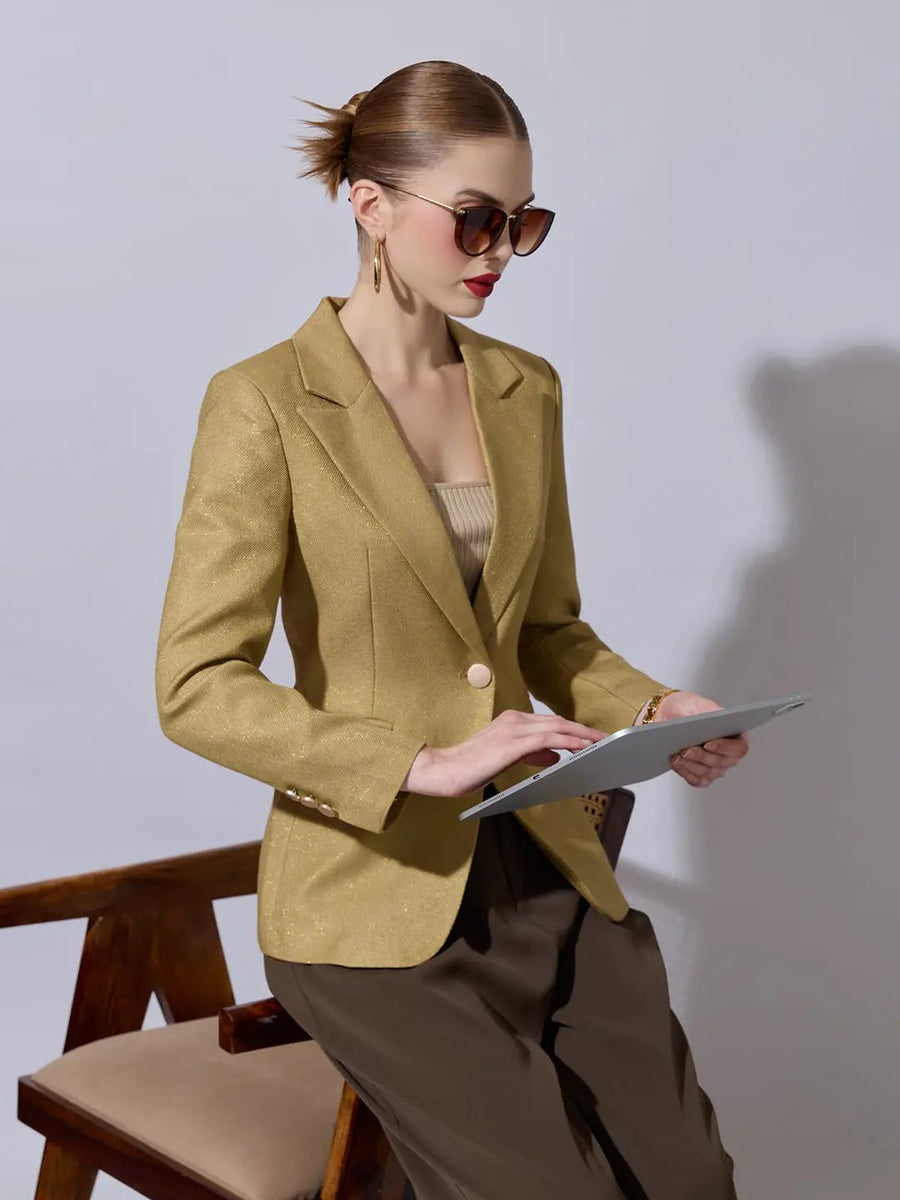Shop Women's Gold Single Breasted Blazer with Peak Lapel | Showoffff