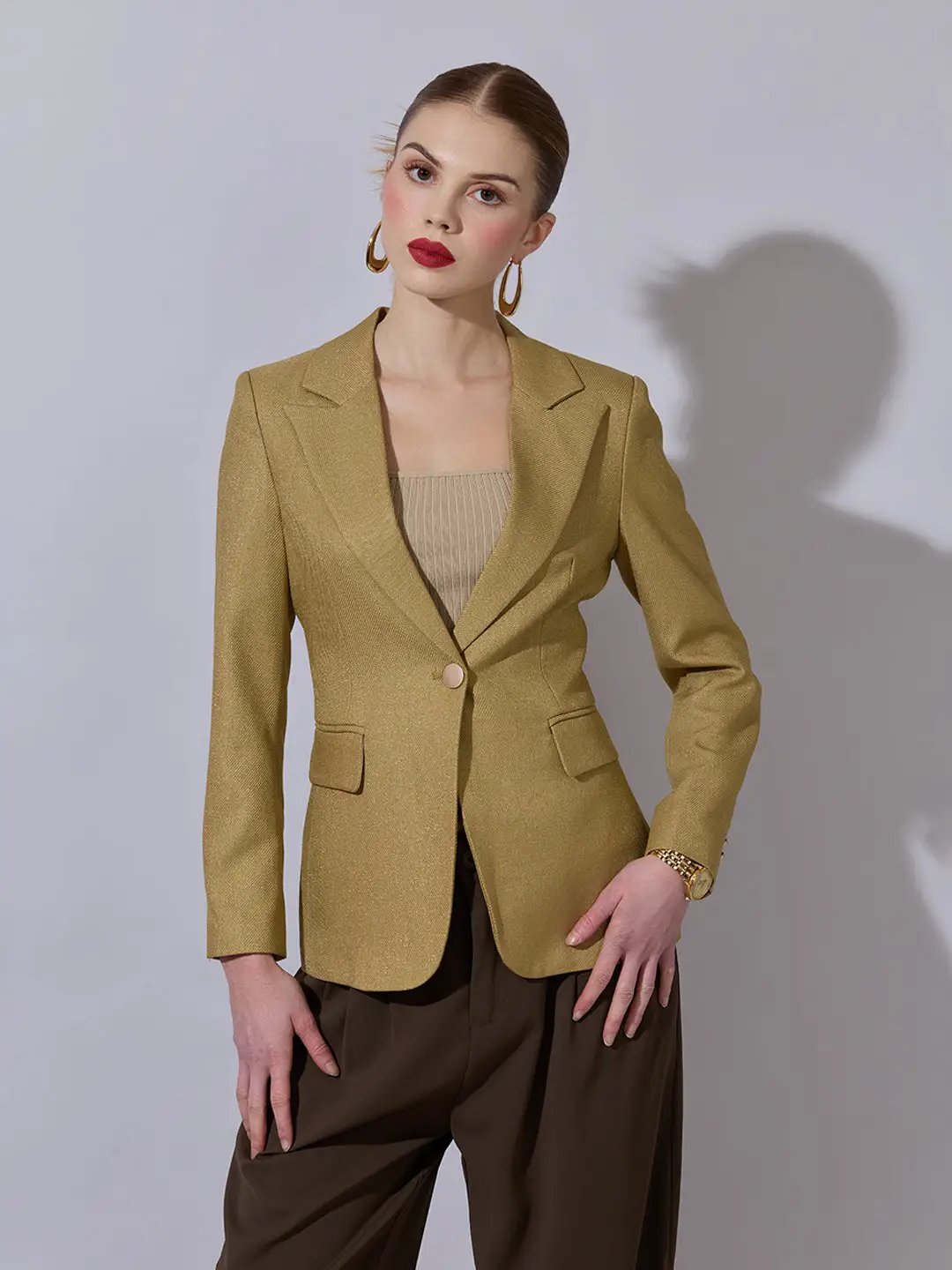 Shop Women's Gold Single Breasted Blazer with Peak Lapel | Showoffff