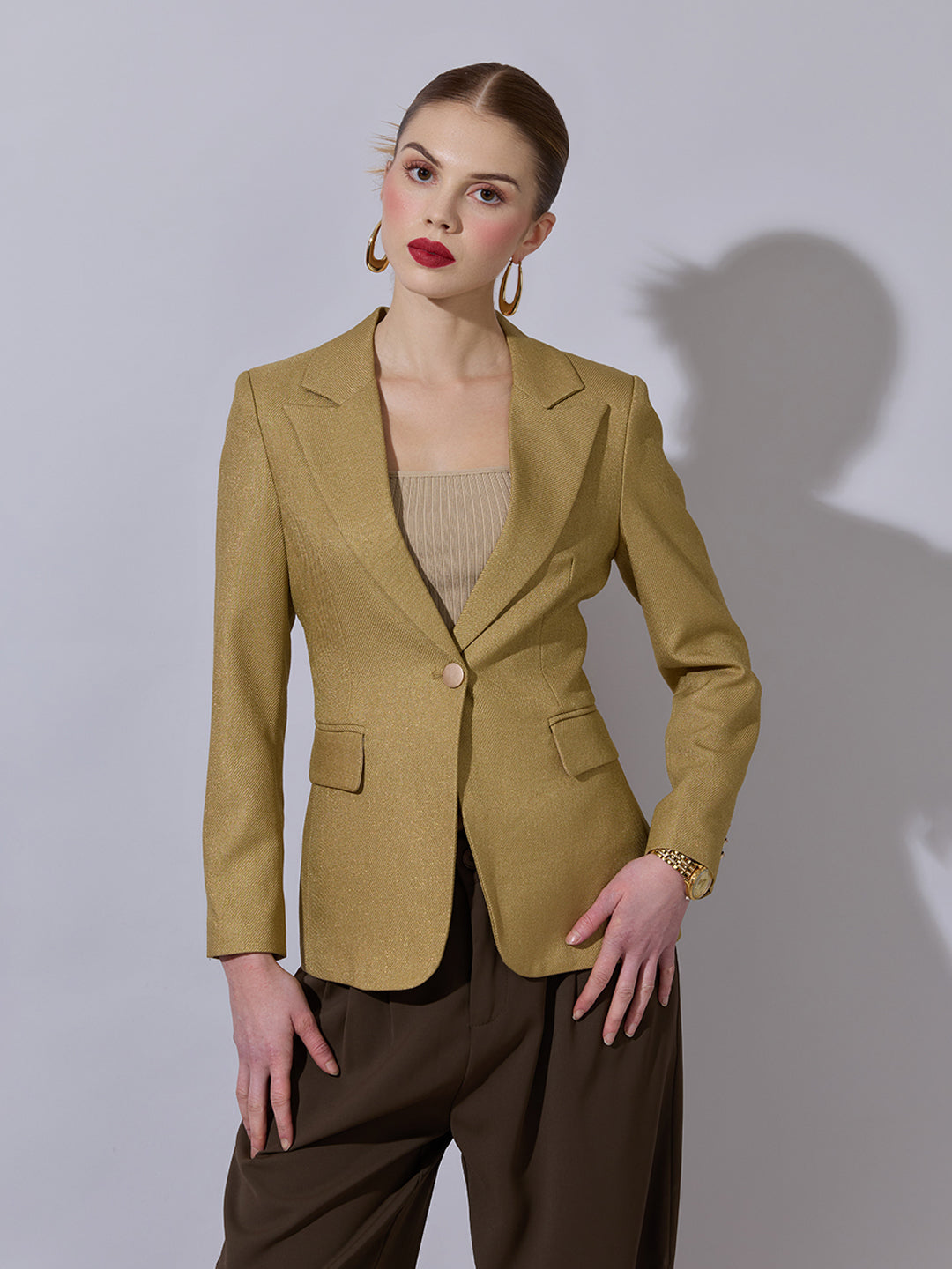 Women's Gold Single Breasted Blazer with Peak Lapel