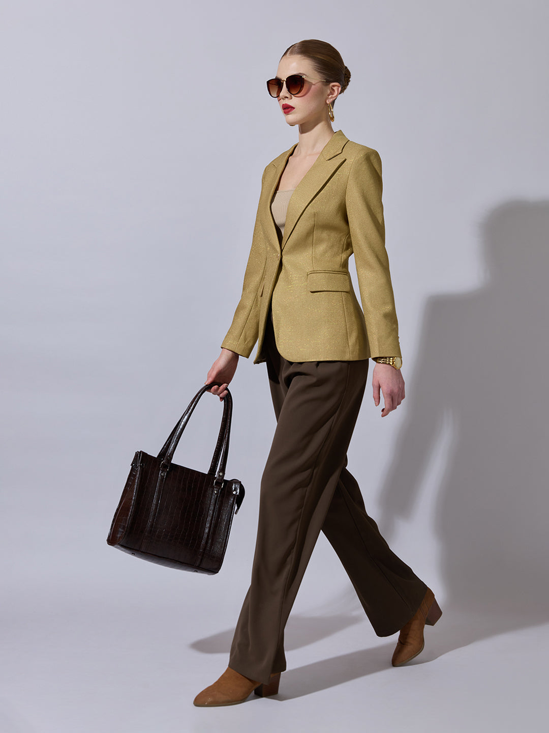Women's Gold Single Breasted Blazer with Peak Lapel