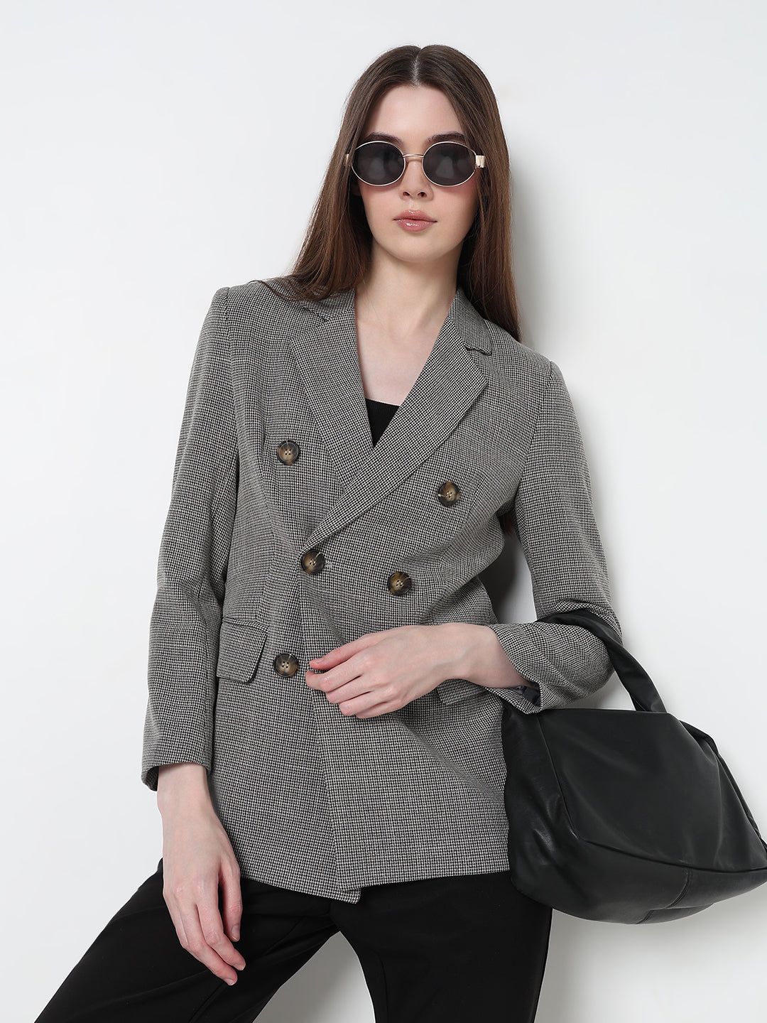 Women's Grey Double Breasted Houndtooth Blazer