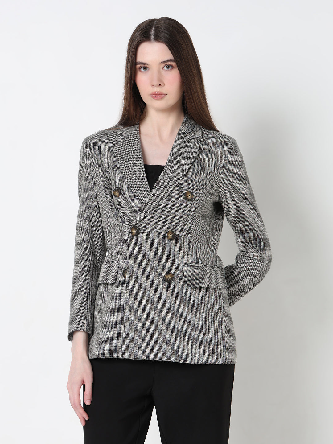 Women's Grey Double Breasted Houndtooth Blazer