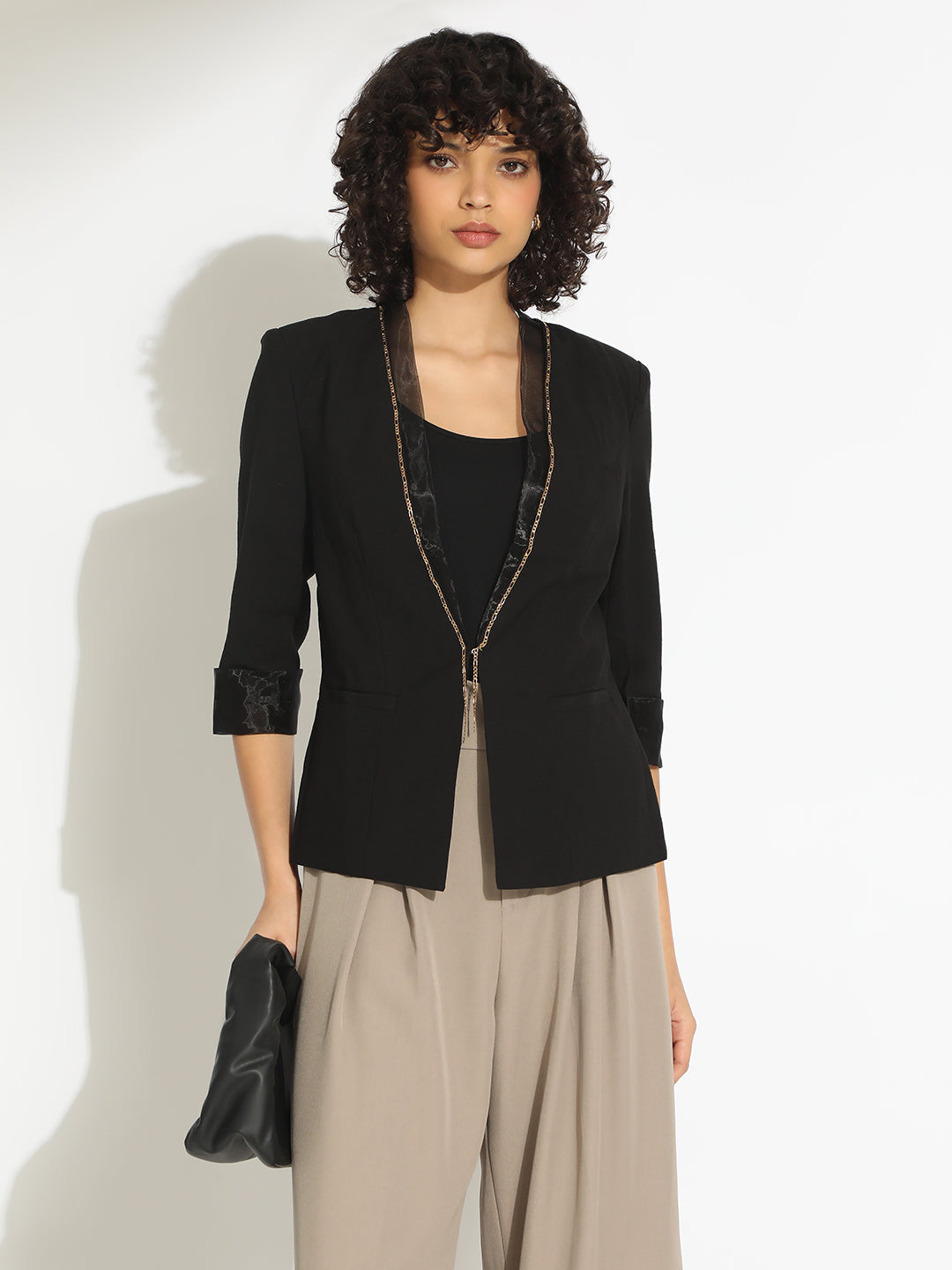 Women's Black 3/4 Sleeve Blazer with Contrast Lapel and Cuff Finish
