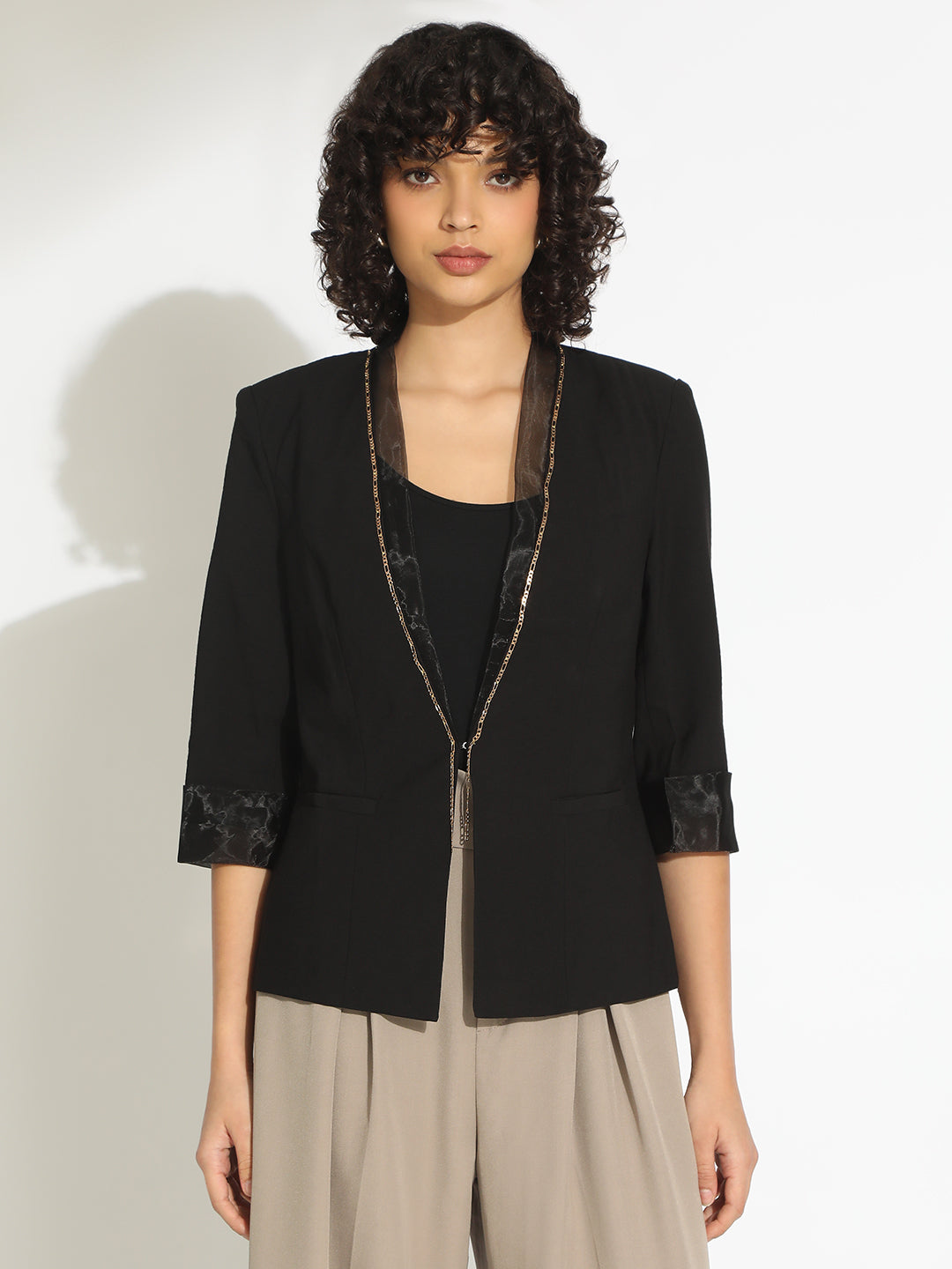 Women's Black 3/4 Sleeve Blazer with Contrast Lapel and Cuff Finish
