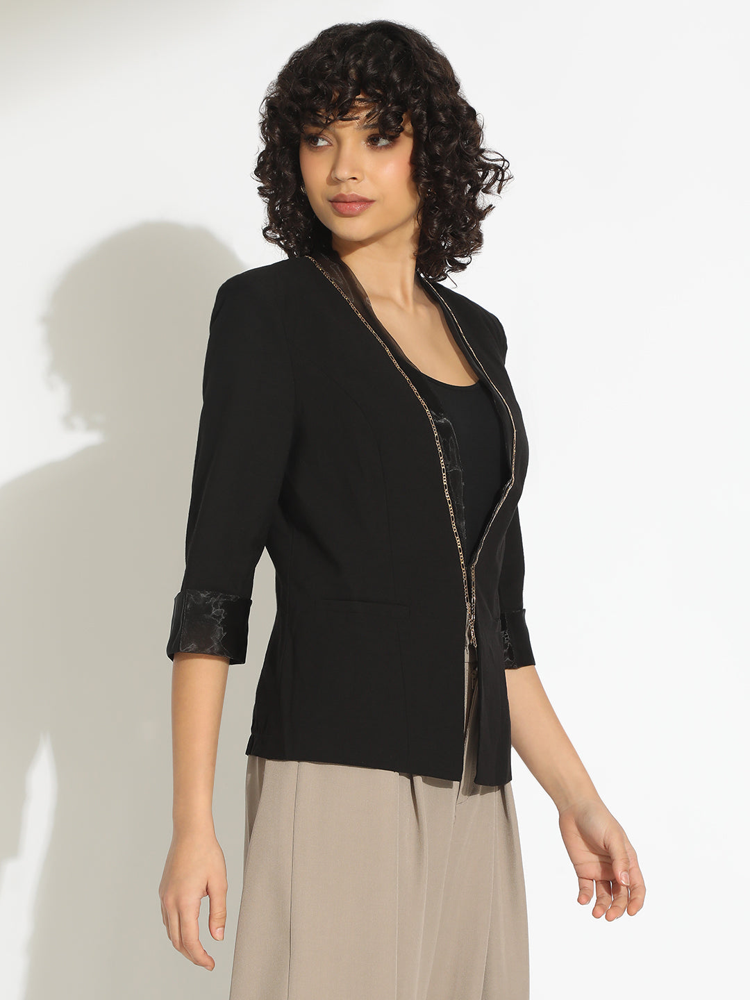 Women's Black 3/4 Sleeve Blazer with Contrast Lapel and Cuff Finish