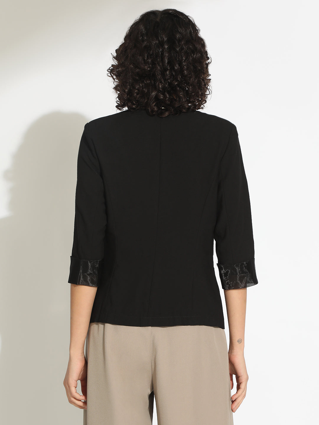 Women's Black 3/4 Sleeve Blazer with Contrast Lapel and Cuff Finish