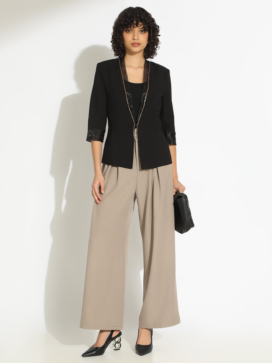 Women's Black 3/4 Sleeve Blazer with Contrast Lapel and Cuff Finish