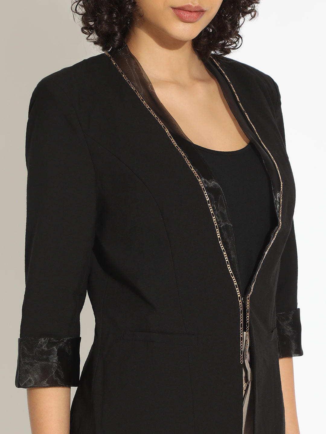Women's Black 3/4 Sleeve Blazer with Contrast Lapel and Cuff Finish