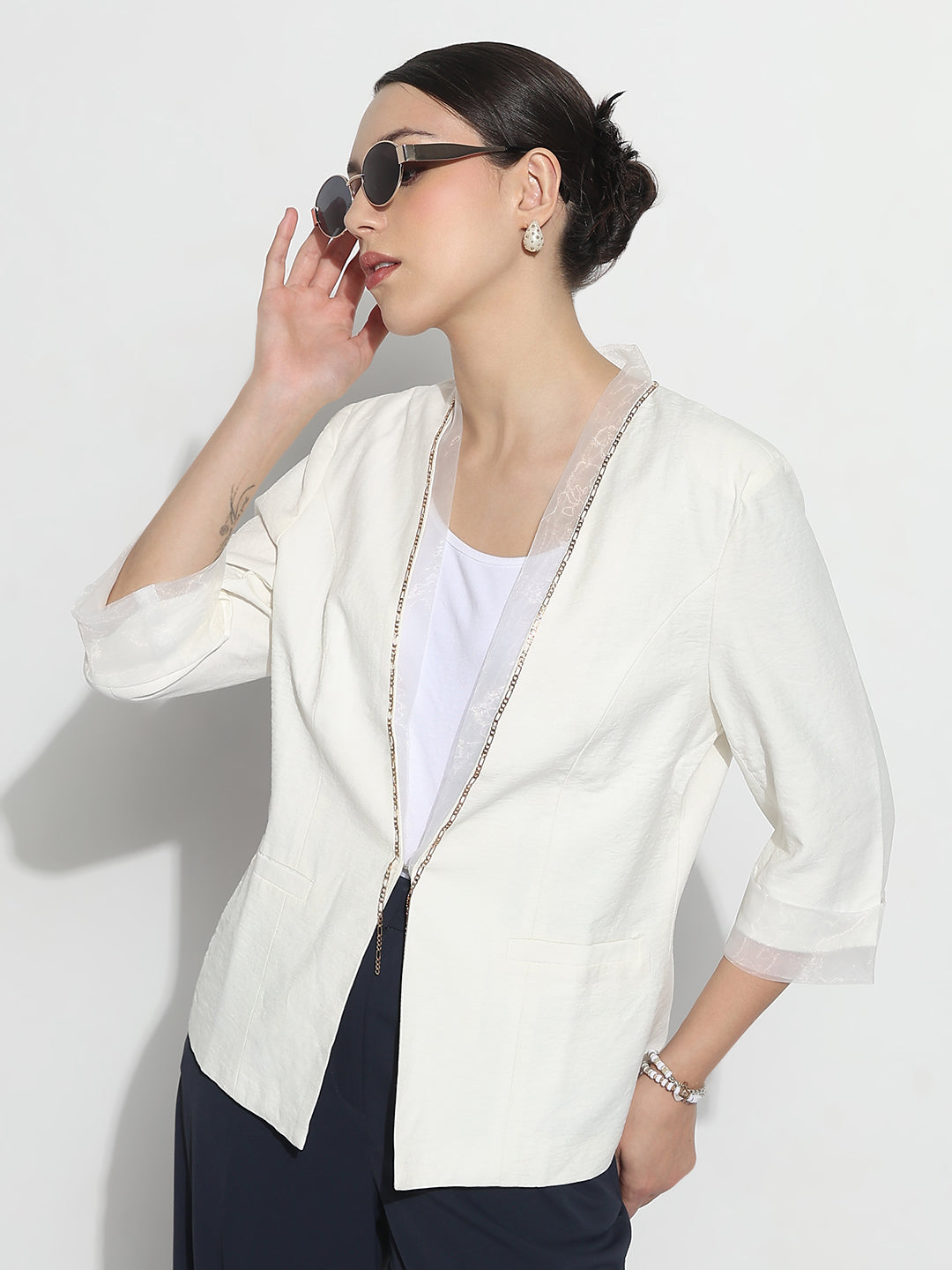 Women's Off White 3/4 Sleeve Blazer with Contrast Lapel and Cuff Finish