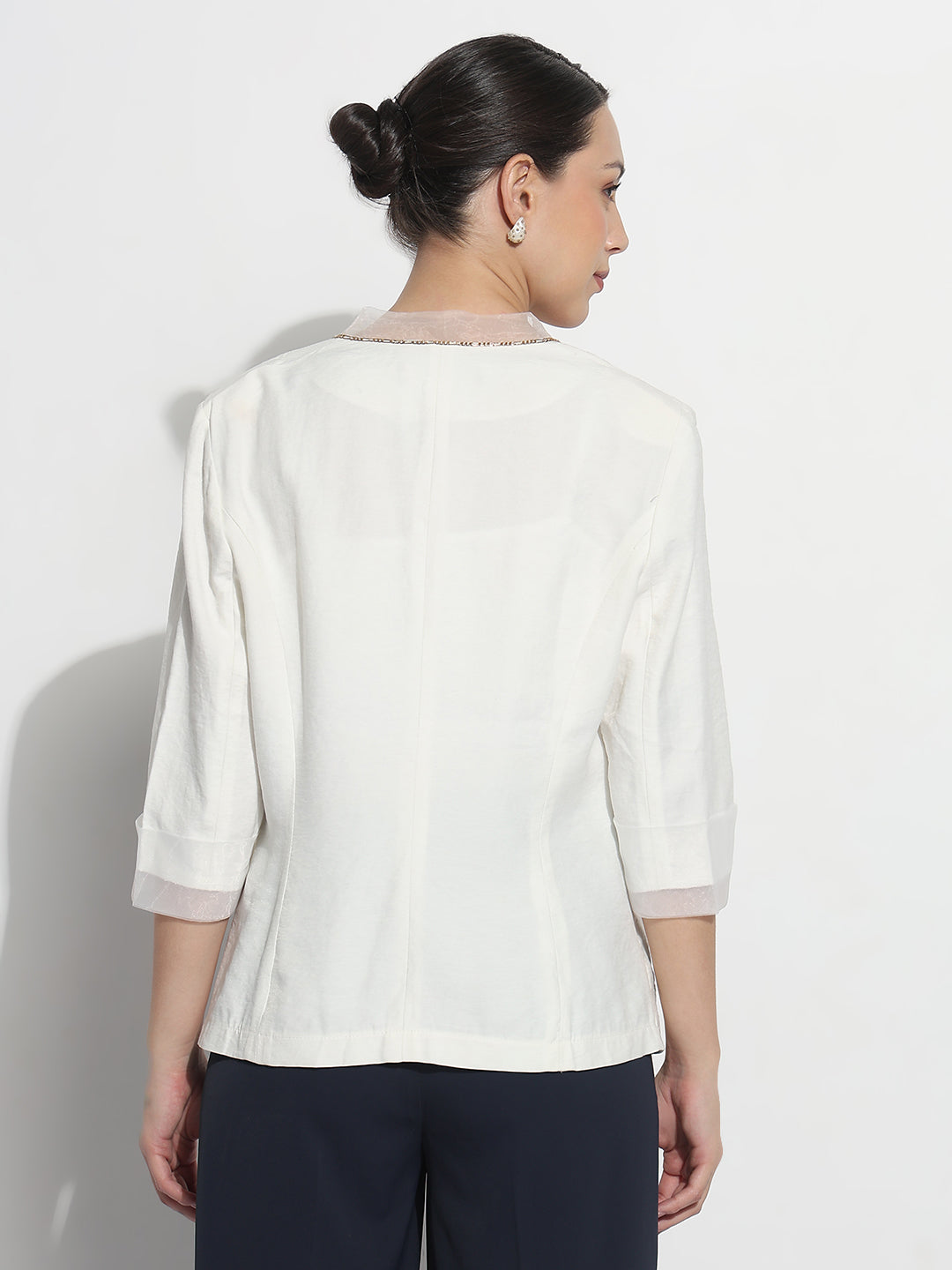 Women's Off White 3/4 Sleeve Blazer with Contrast Lapel and Cuff Finish