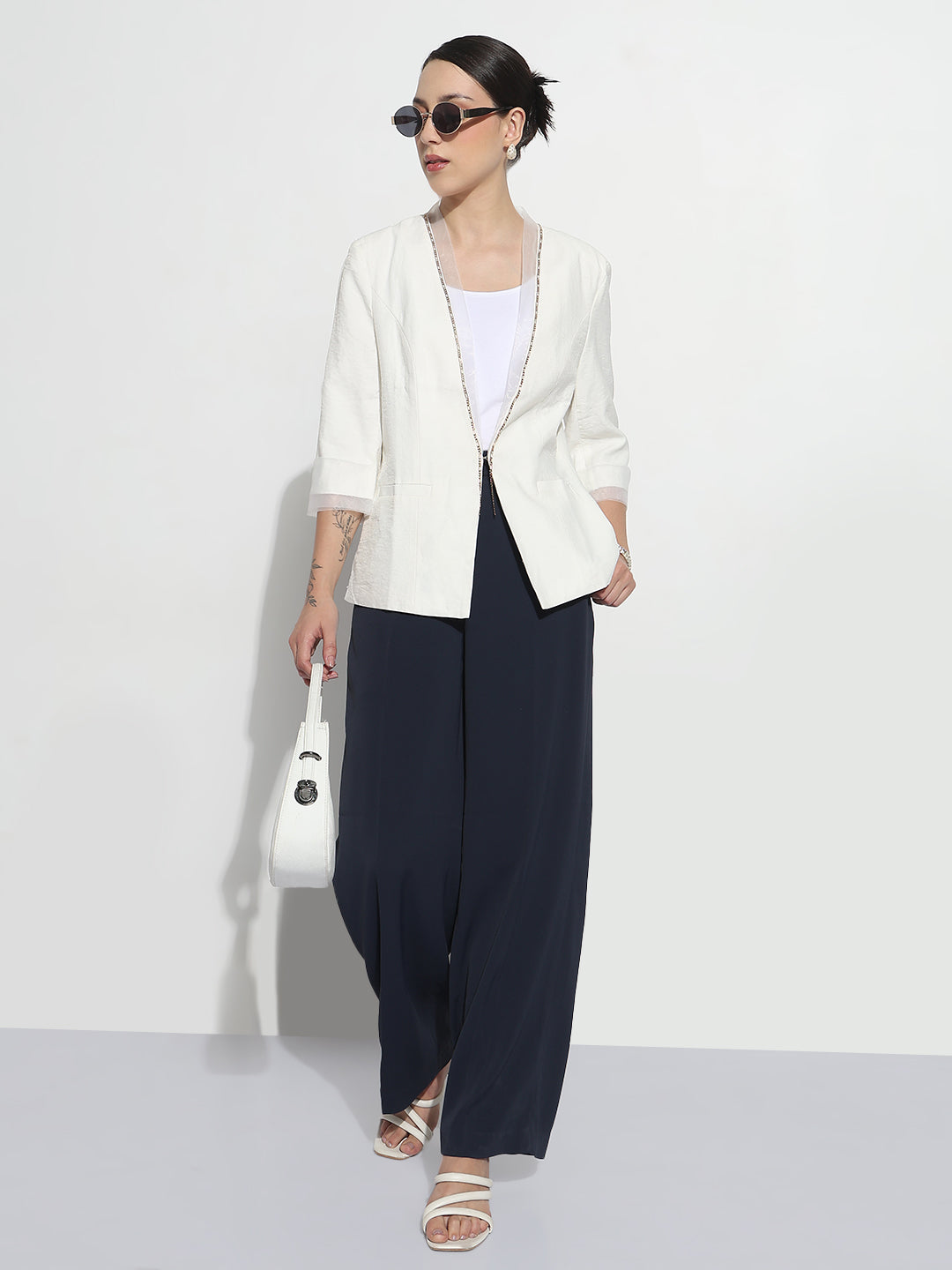Women's Off White 3/4 Sleeve Blazer with Contrast Lapel and Cuff Finish