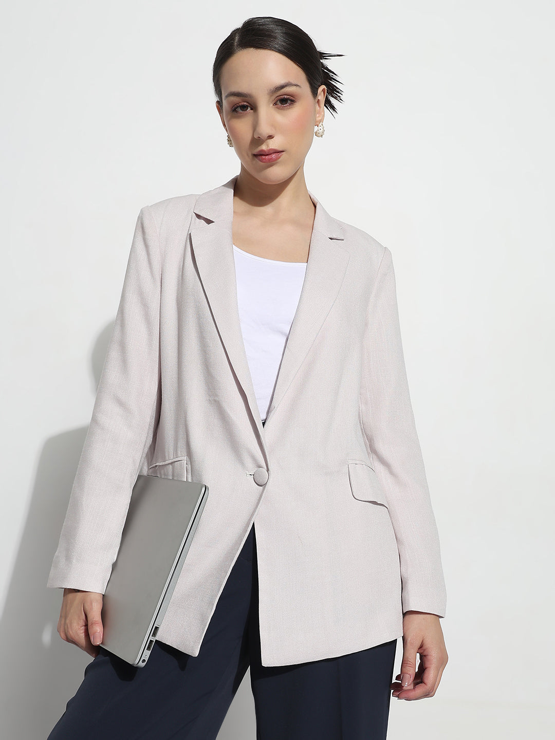 Women's Grey Single Breasted Blazer with Shoulder Pads