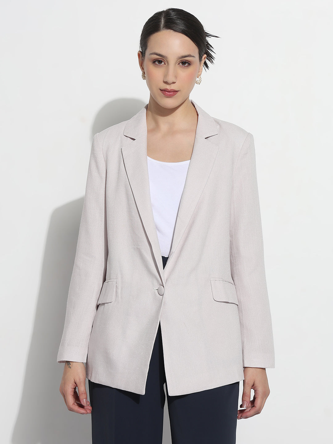 Women's Grey Single Breasted Blazer with Shoulder Pads