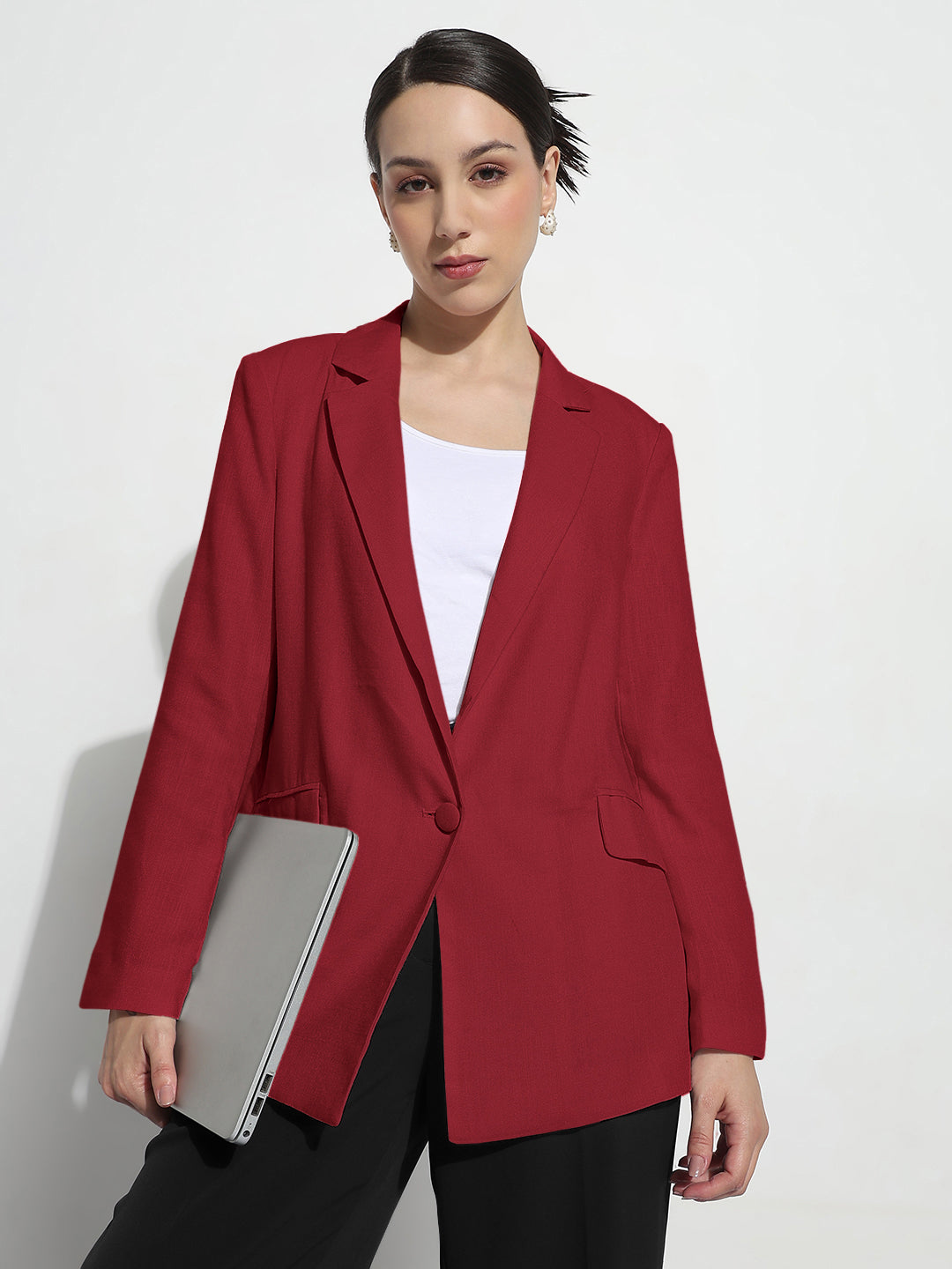 Women's Red Single Breasted Blazer with Shoulder Pads