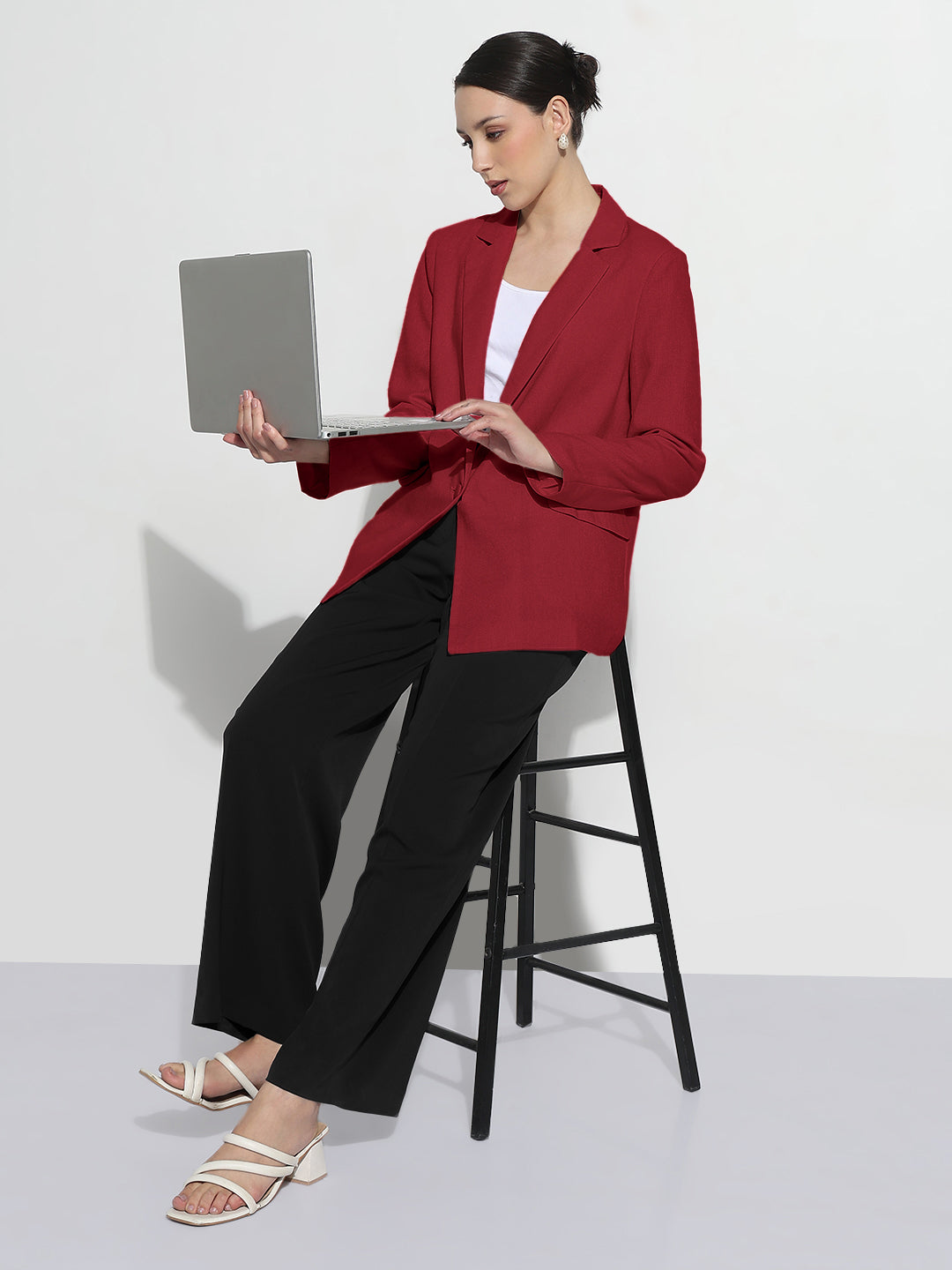 Women's Red Single Breasted Blazer with Shoulder Pads