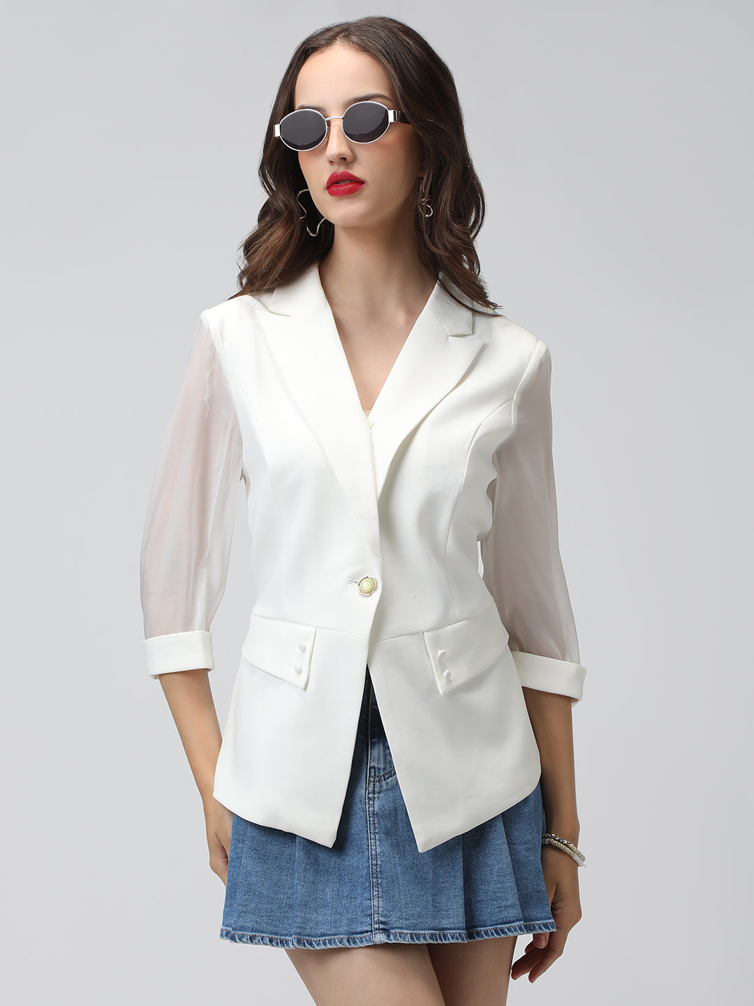 Women's Off White Blazer with Three-Quarter Sleeves