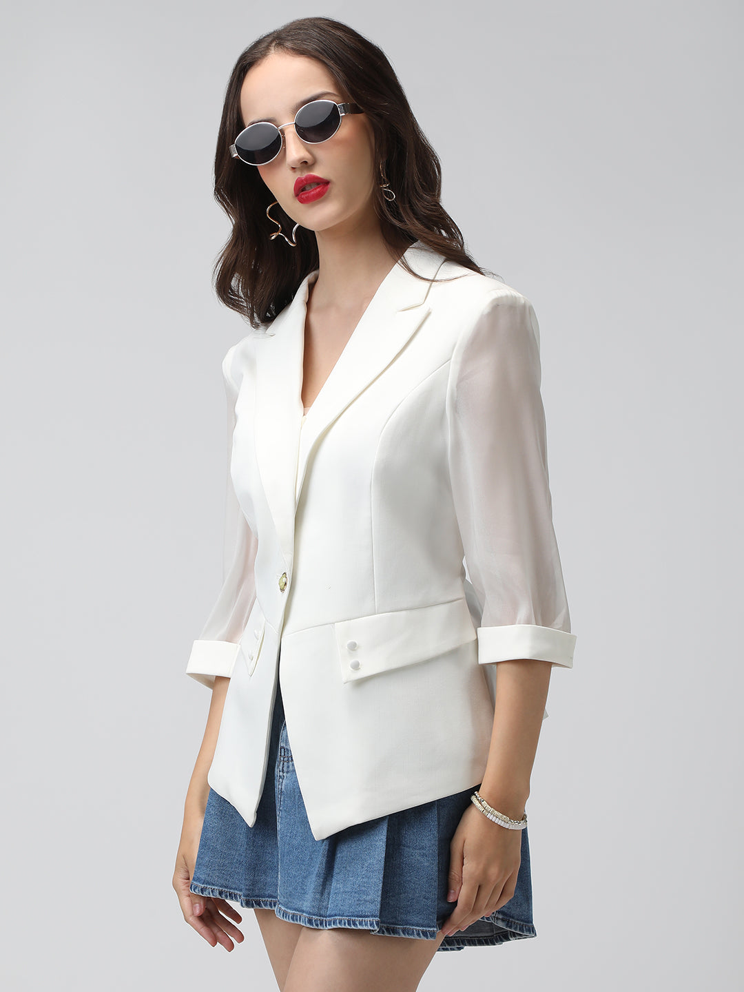 Women's Off White Blazer with Three-Quarter Sleeves