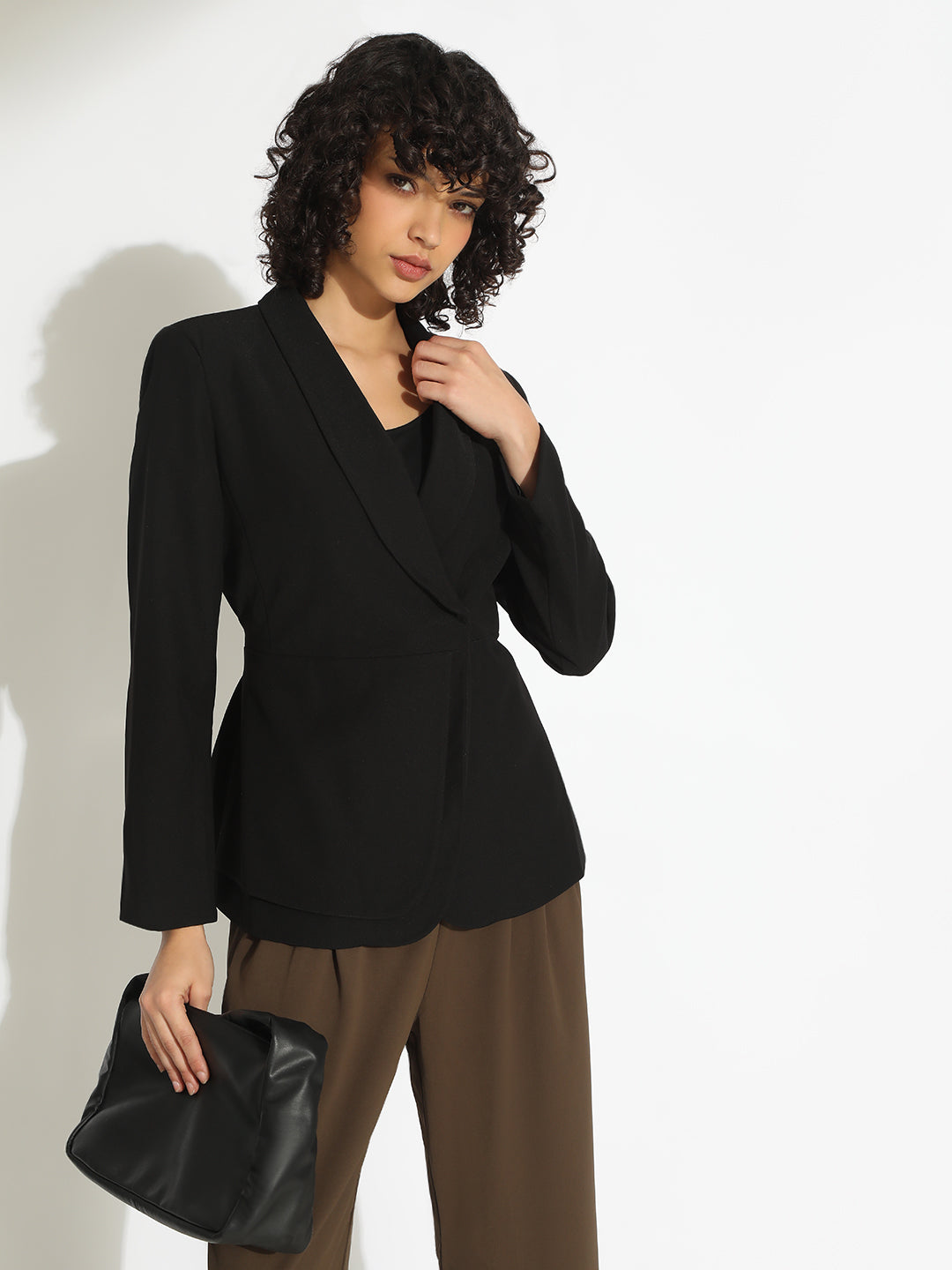 Women's Black Single-Breasted Blazer with Tie-Up Waist
