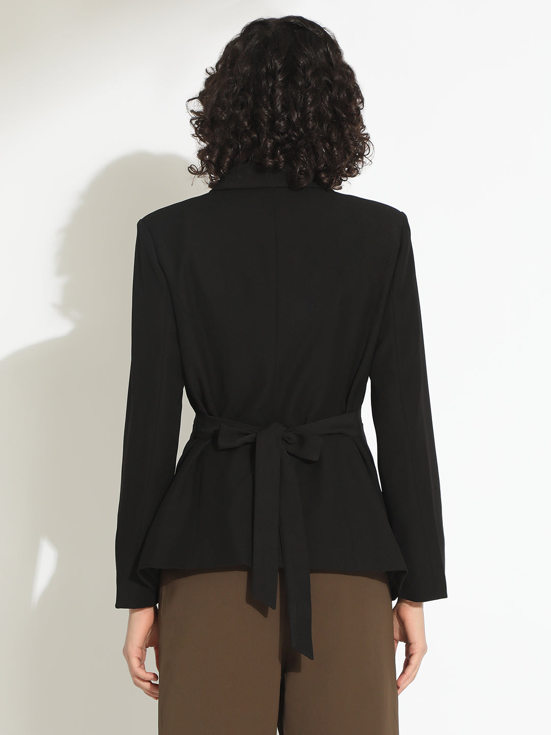 Women's Black Single-Breasted Blazer with Tie-Up Waist