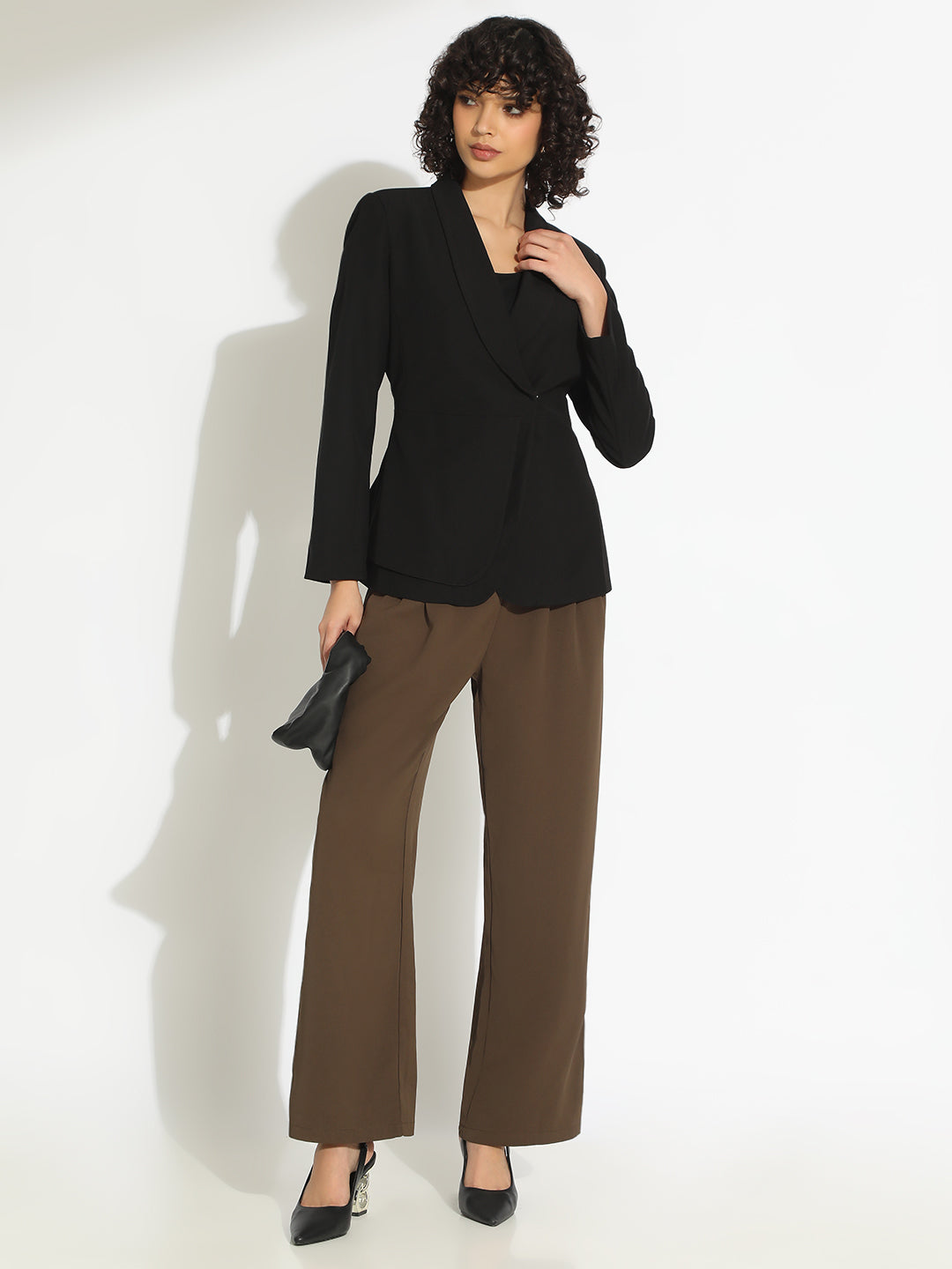 Women's Black Single-Breasted Blazer with Tie-Up Waist