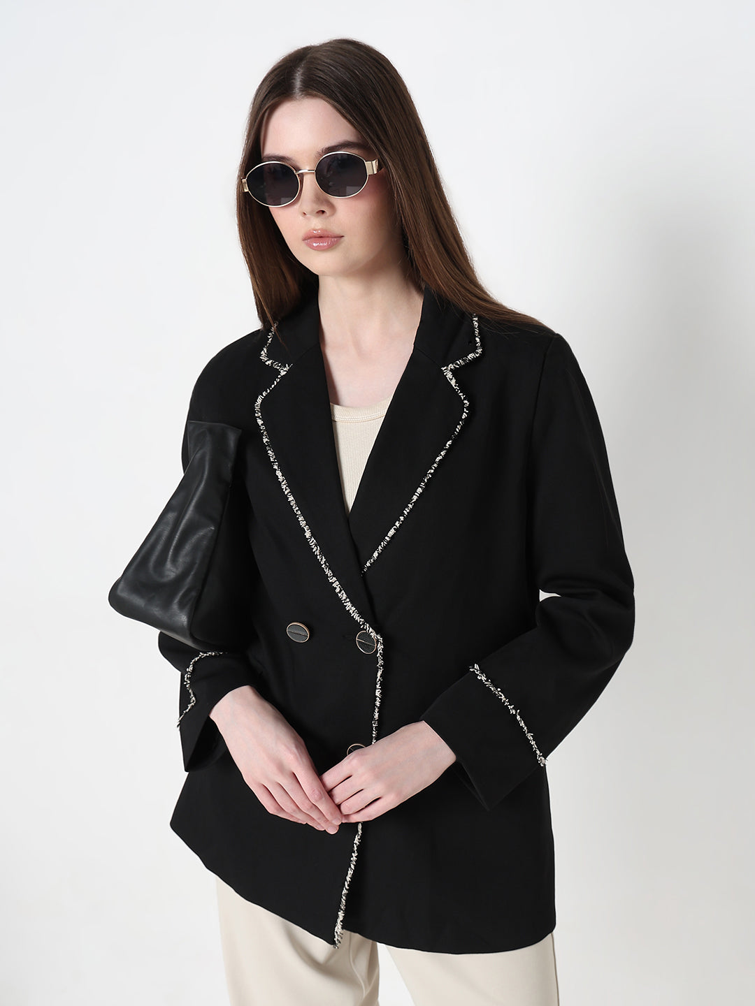 Women's Black Double Breasted Blazer with Fringed trim