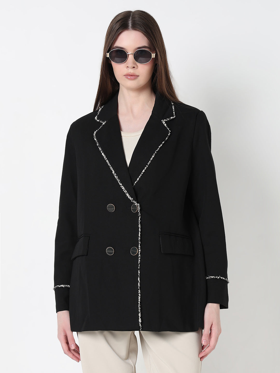 Women's Black Double Breasted Blazer with Fringed trim