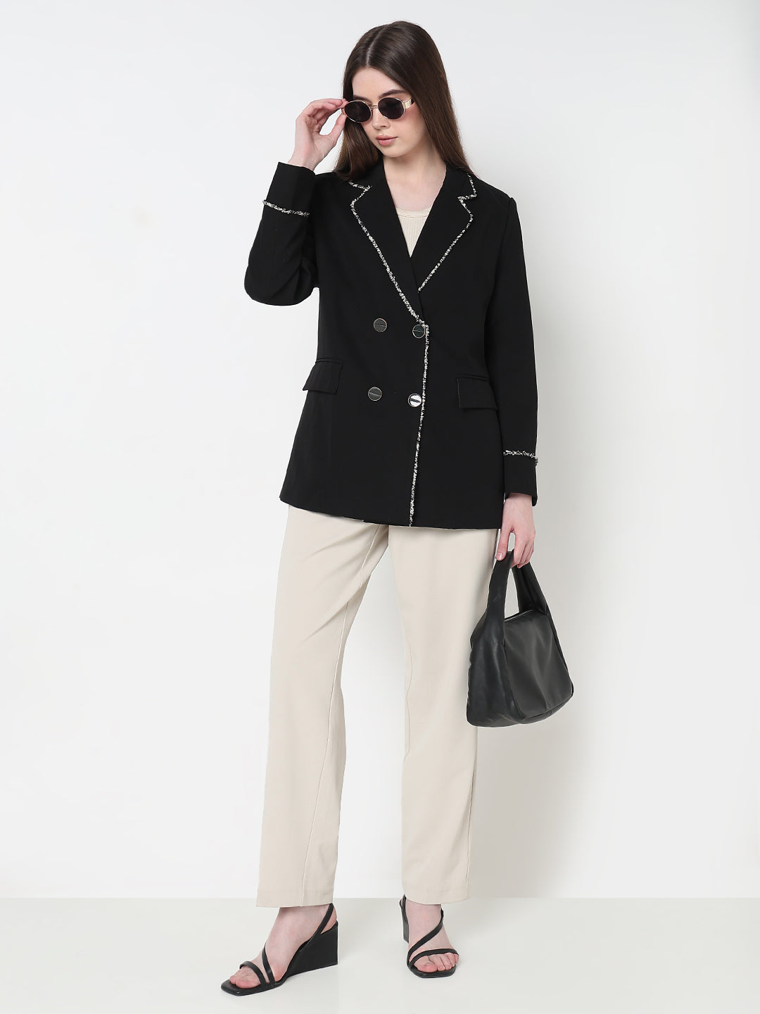 Women's Black Double Breasted Blazer with Fringed trim