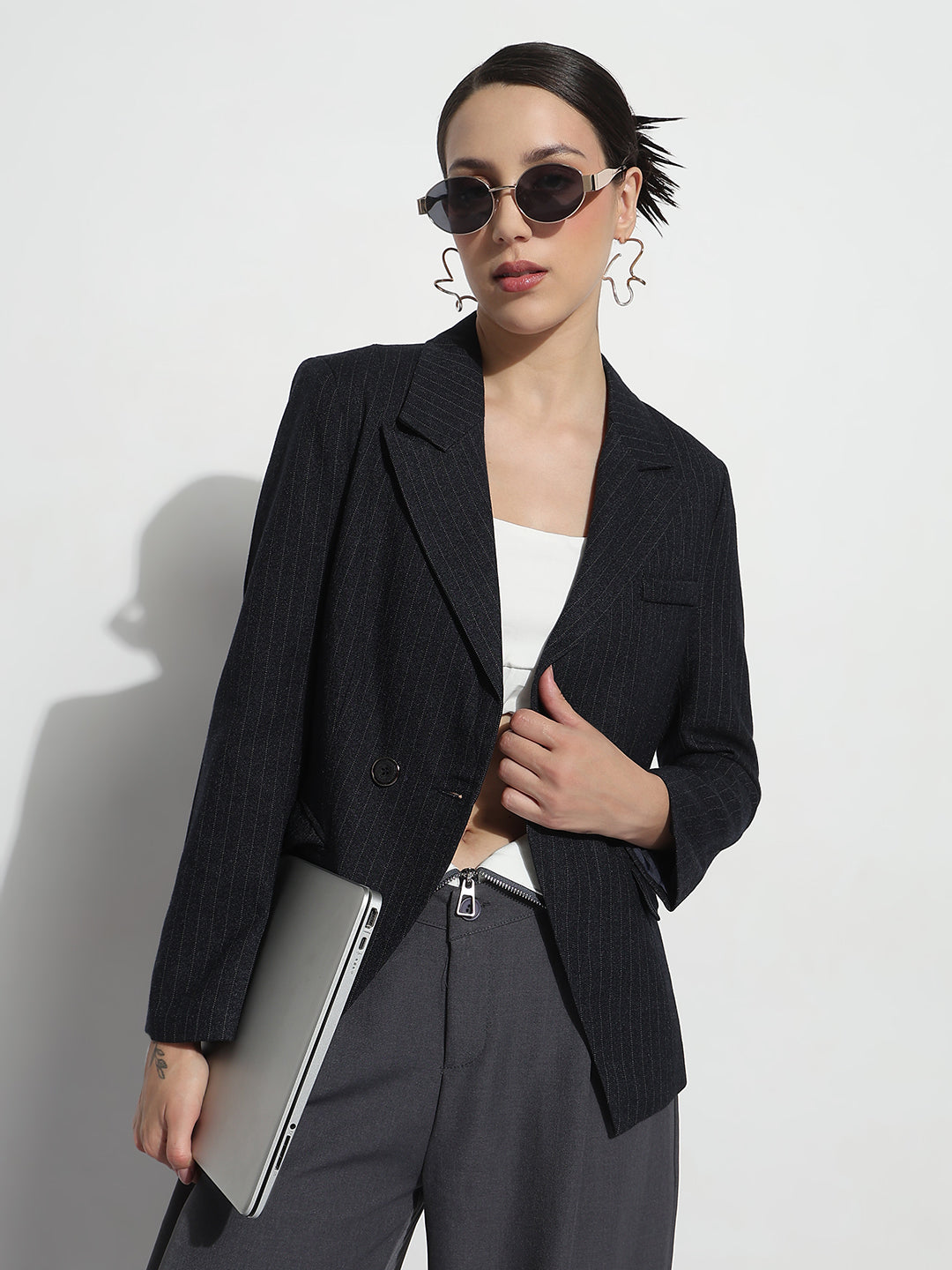 Women's Striped Navy Blue Double Breasted Blazer with Shoulder Pads