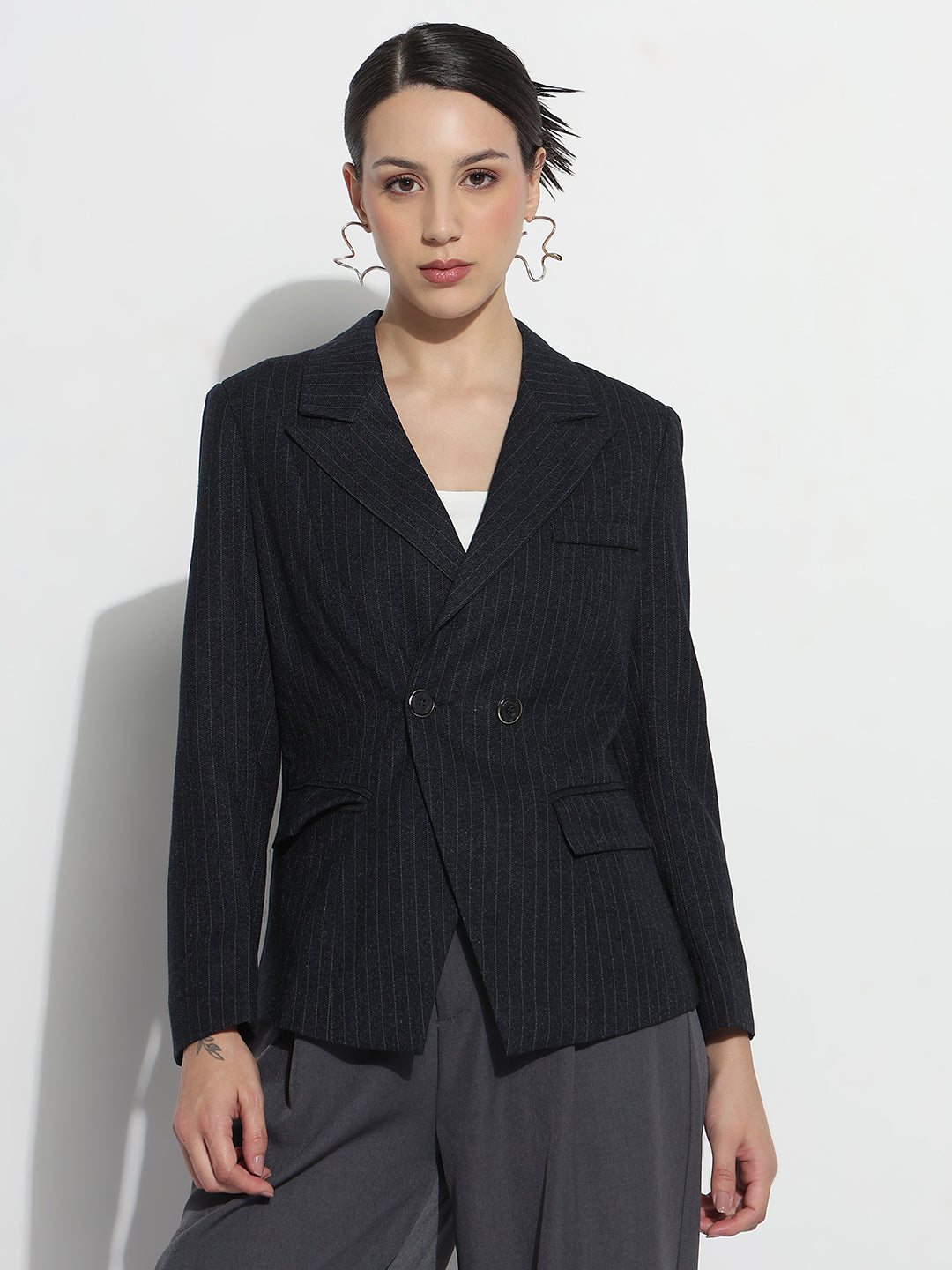 Women's Striped Navy Blue Double Breasted Blazer with Shoulder Pads