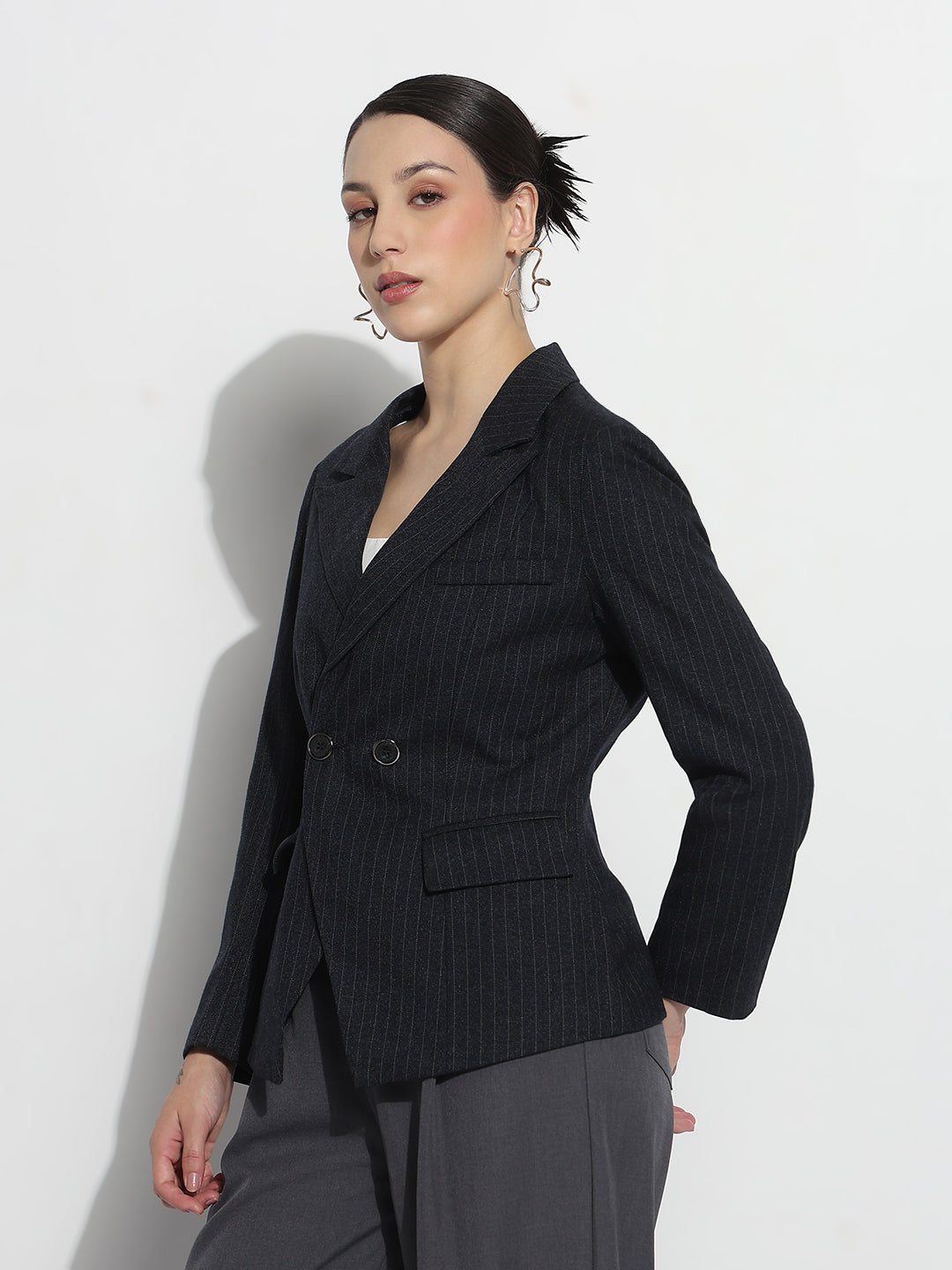 Women's Striped Navy Blue Double Breasted Blazer with Shoulder Pads