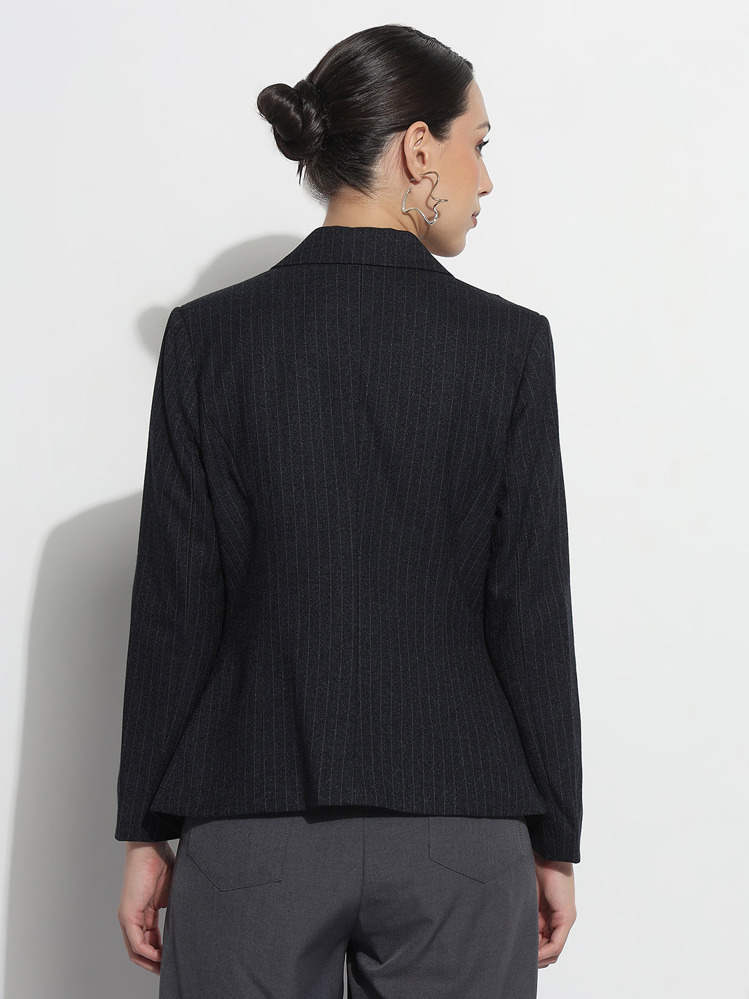 Women's Striped Navy Blue Double Breasted Blazer with Shoulder Pads