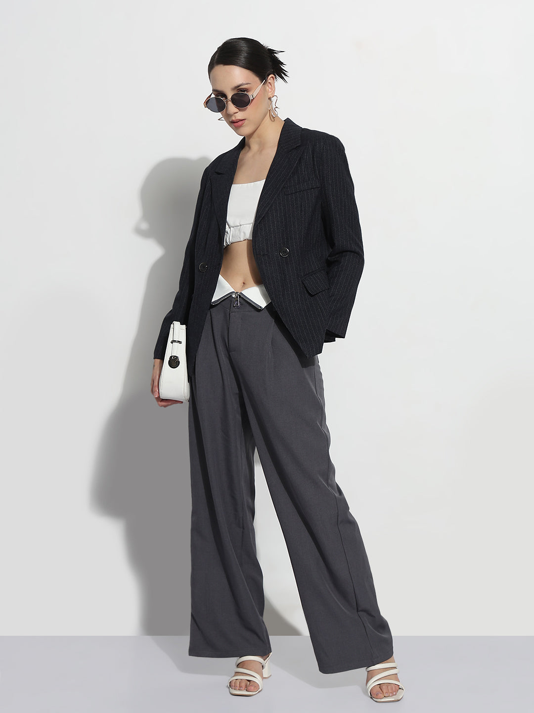 Women's Striped Navy Blue Double Breasted Blazer with Shoulder Pads