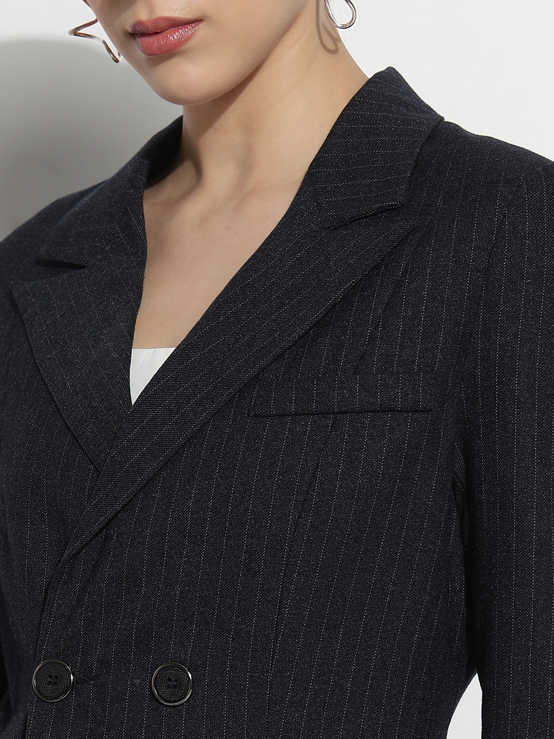 Women's Striped Navy Blue Double Breasted Blazer with Shoulder Pads