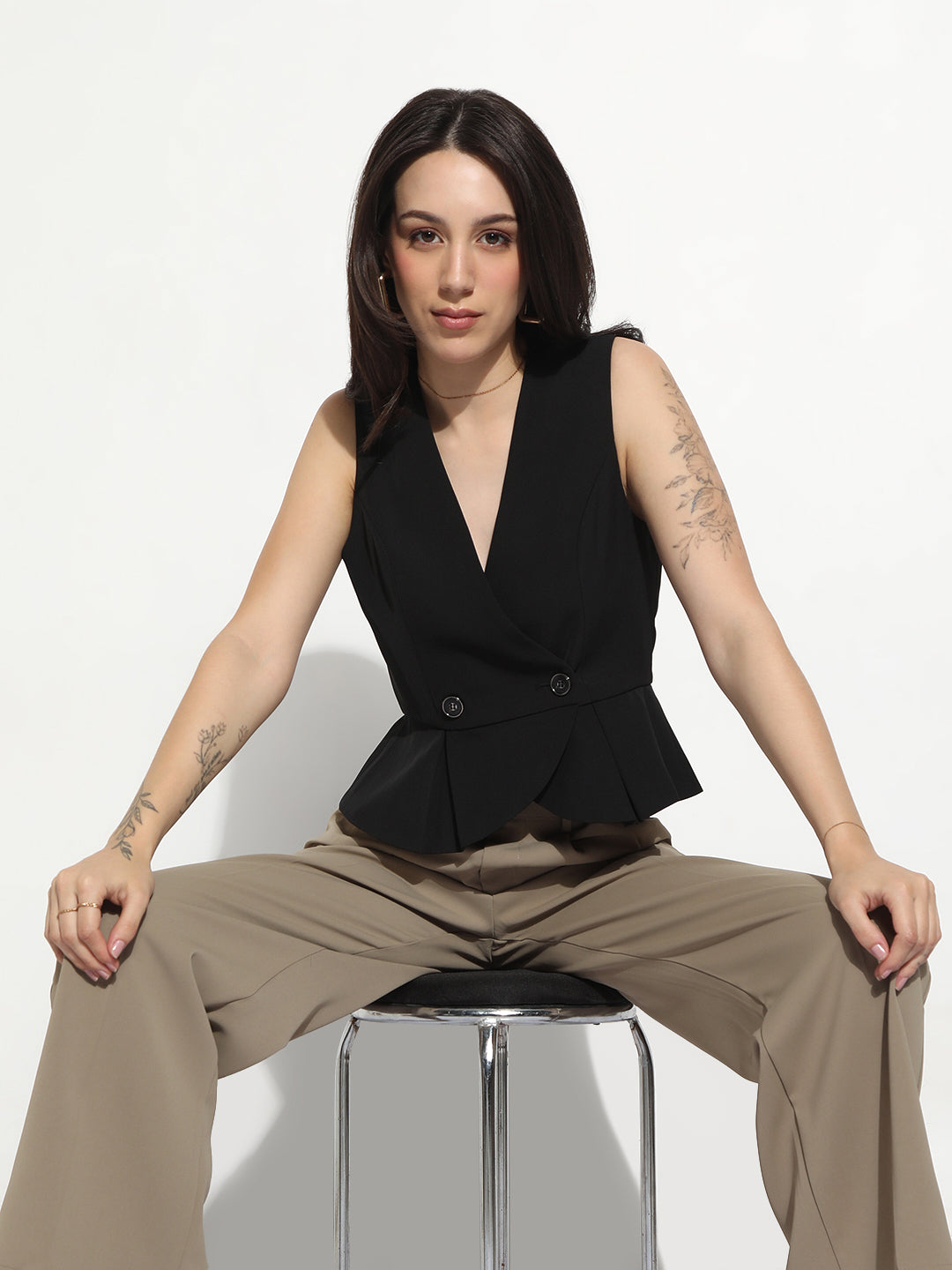 Women's Black Tailored Fit Vest Double Breasted Blazer