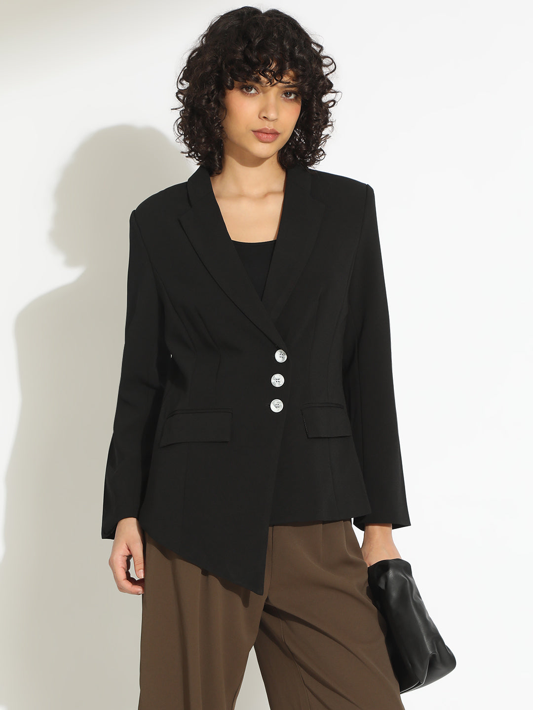 Women’s Black Tailored Asymmetric Hem Blazer with Contrast Buttons