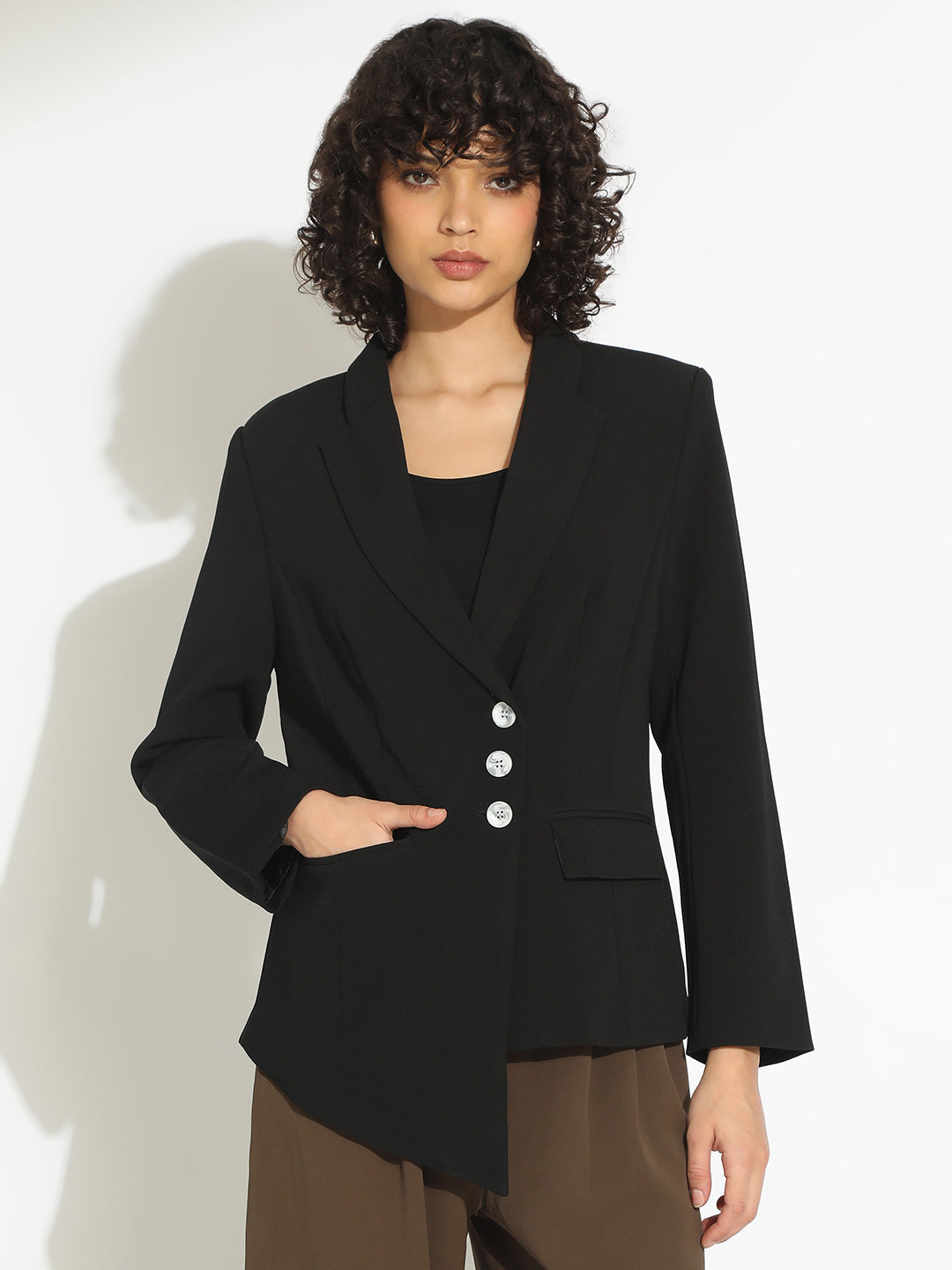 Women’s Black Tailored Asymmetric Hem Blazer with Contrast Buttons