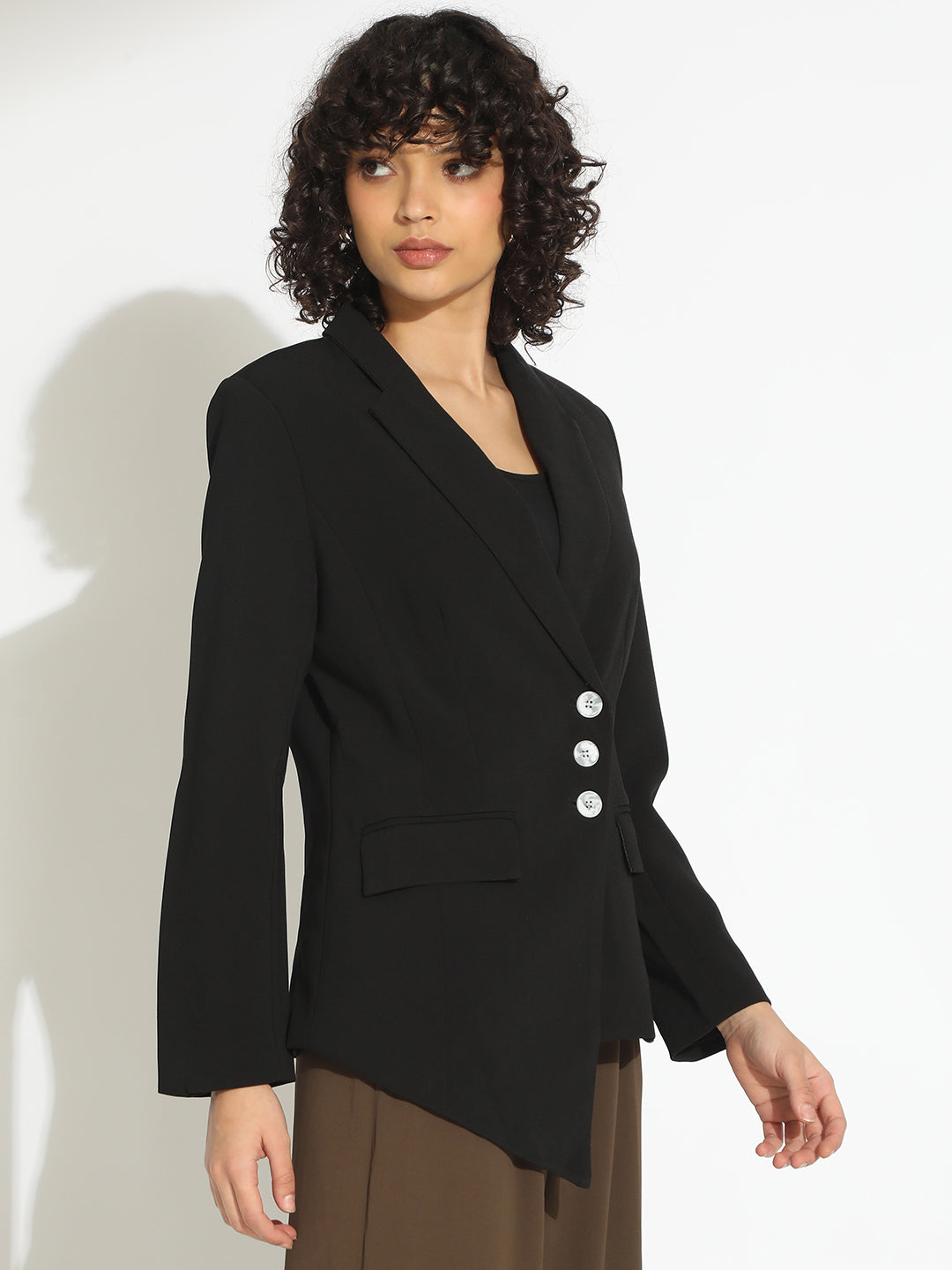 Women's Black Tailored Asymmetric Hem Blazer with Contrast Buttons